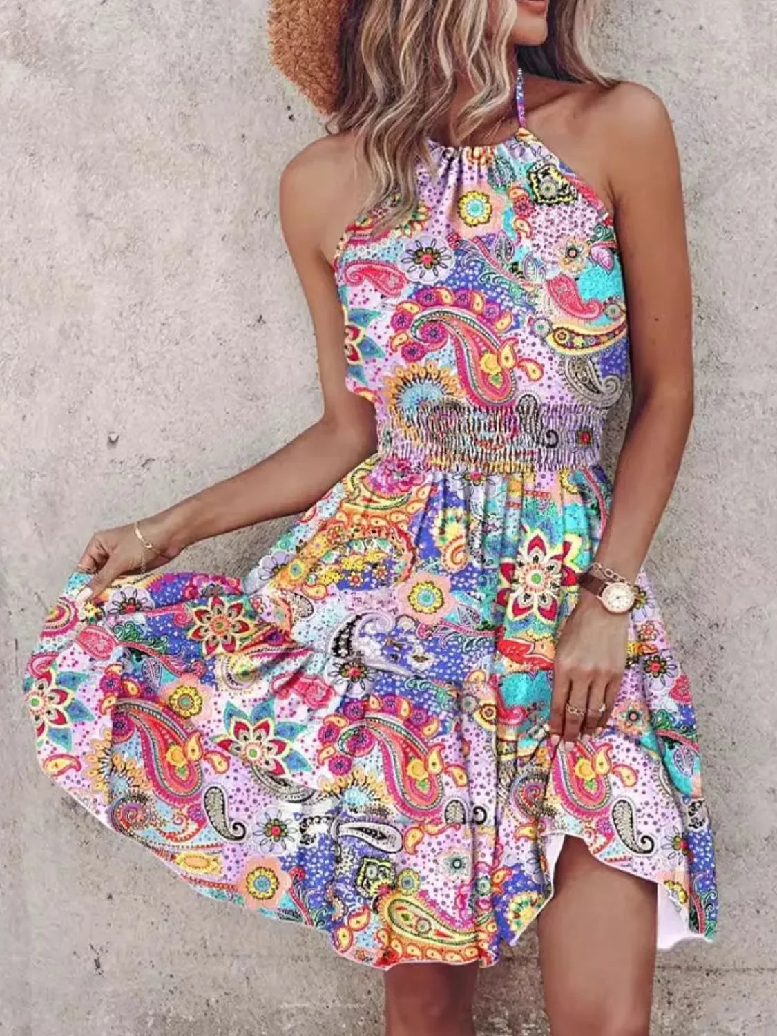 Ruffled Smocked Paisley Print Halter Neck Mini Dress Boho - Southern Shores Clothing