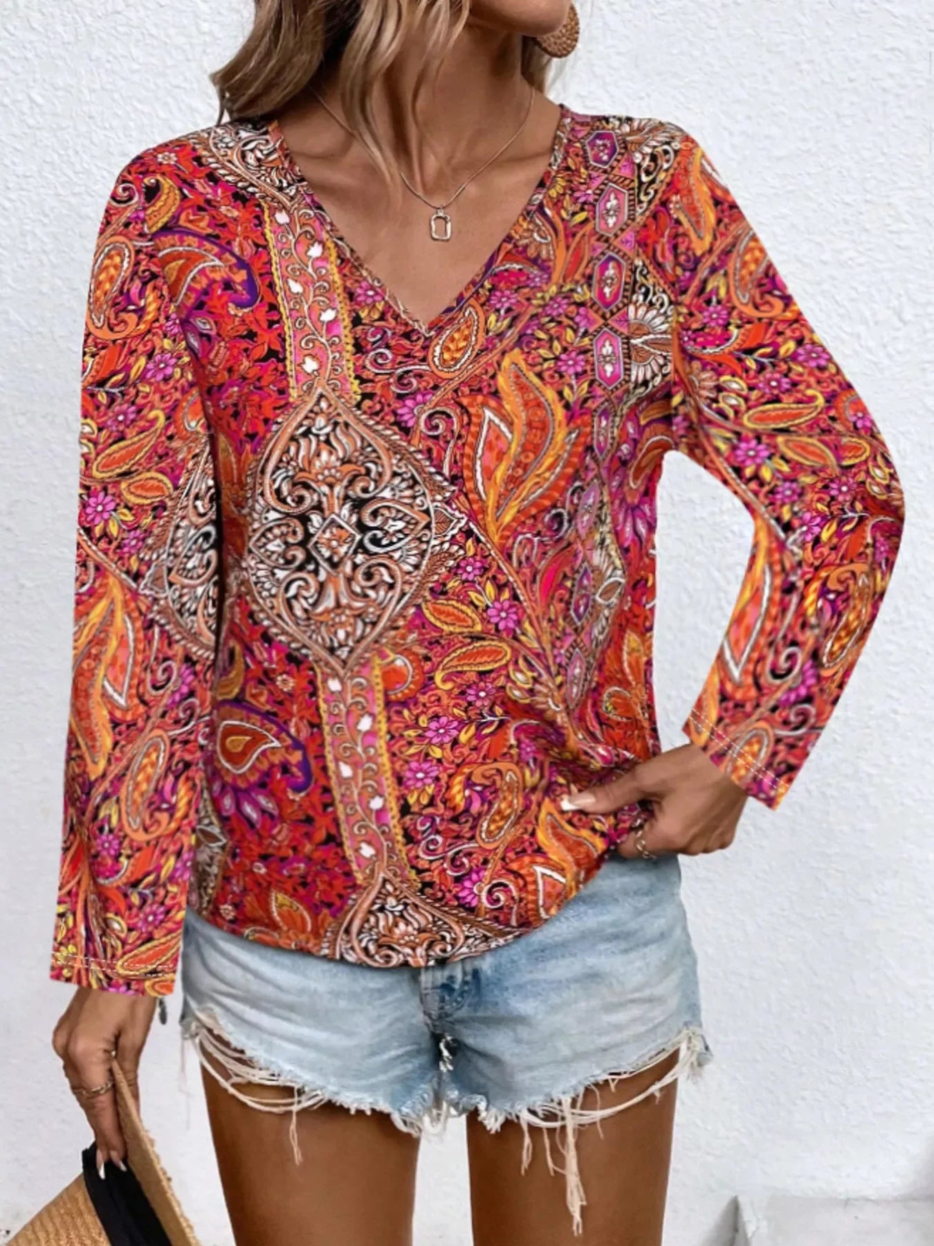 Paisley Print V Neck Long Sleeve Blouse Silhouette Classic - Southern Shores Clothing
