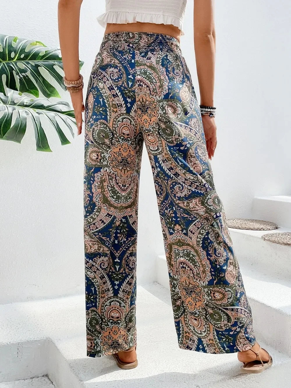Printed Wide Leg Pants With Paisley Print Drawstring Waist - Southern Shores Clothing