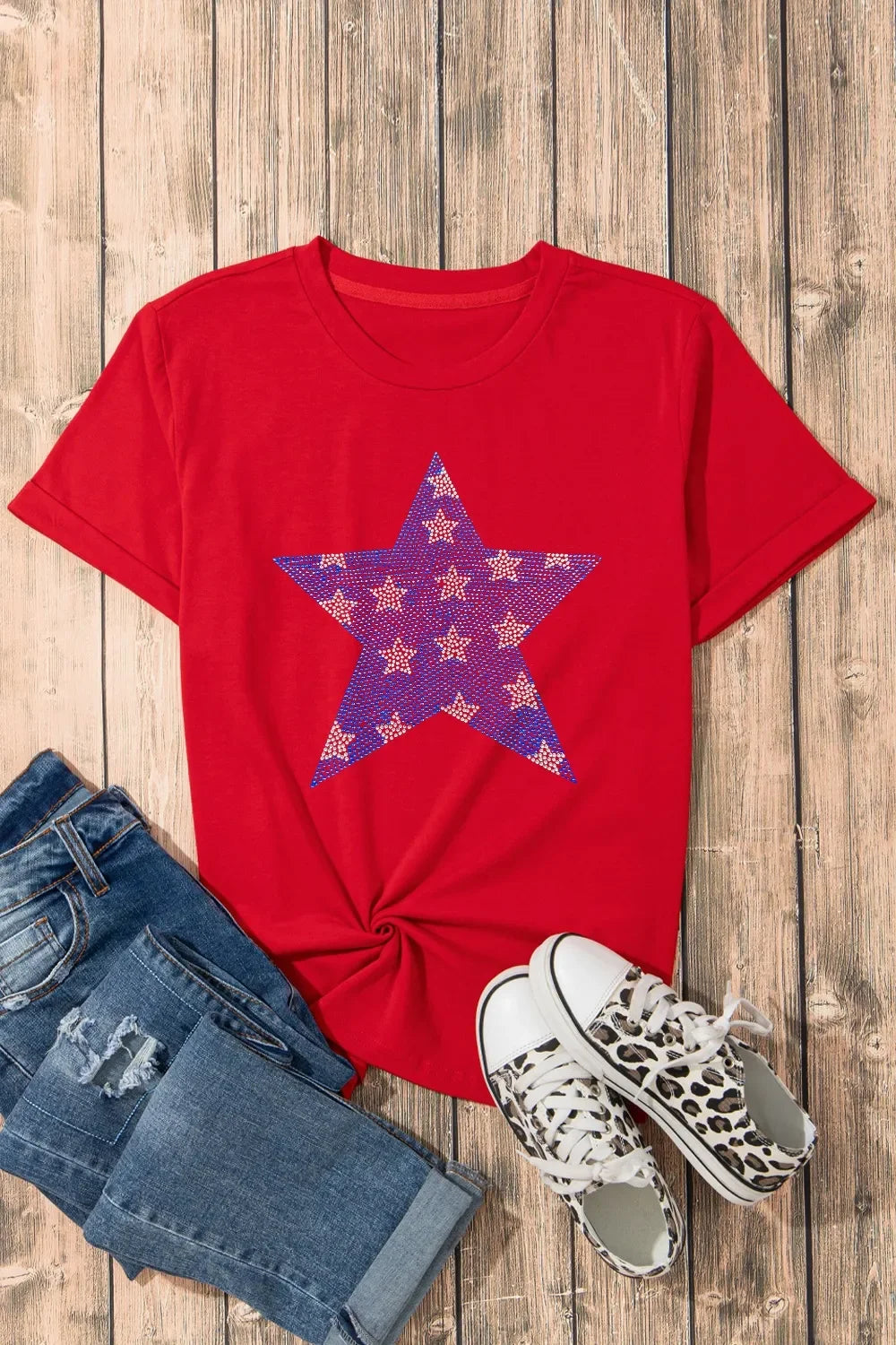Patriotic Star Round Neck T Shirt With Rhinestones - Southern Shores Clothing