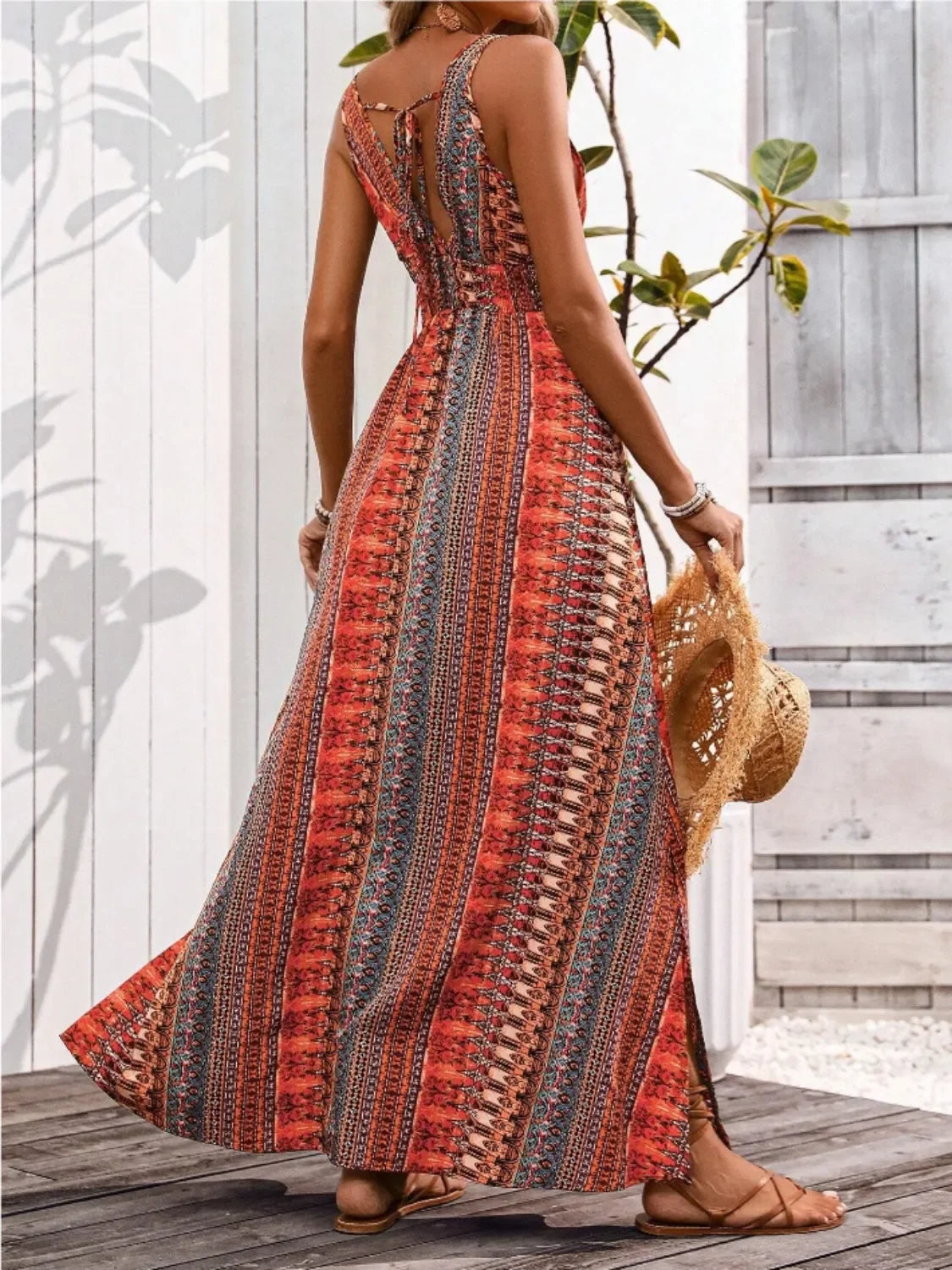 Printed All-Over Tied-Back Sleeveless Maxi Dress With Slit - Southern Shores Clothing