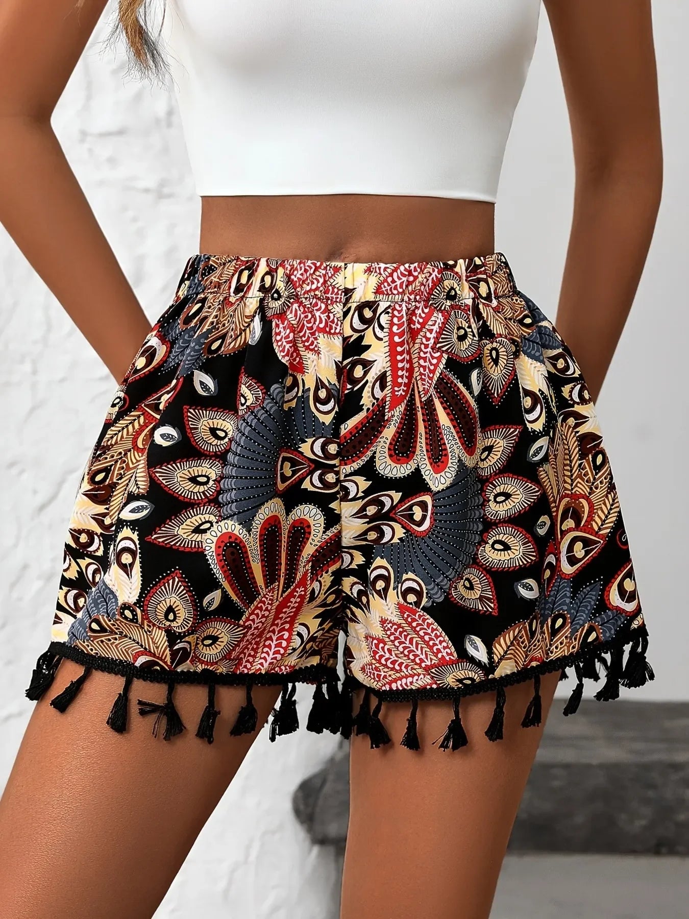 Boho Paisley Print Drawstring Tassel Hem Shorts For Summer - Southern Shores Clothing