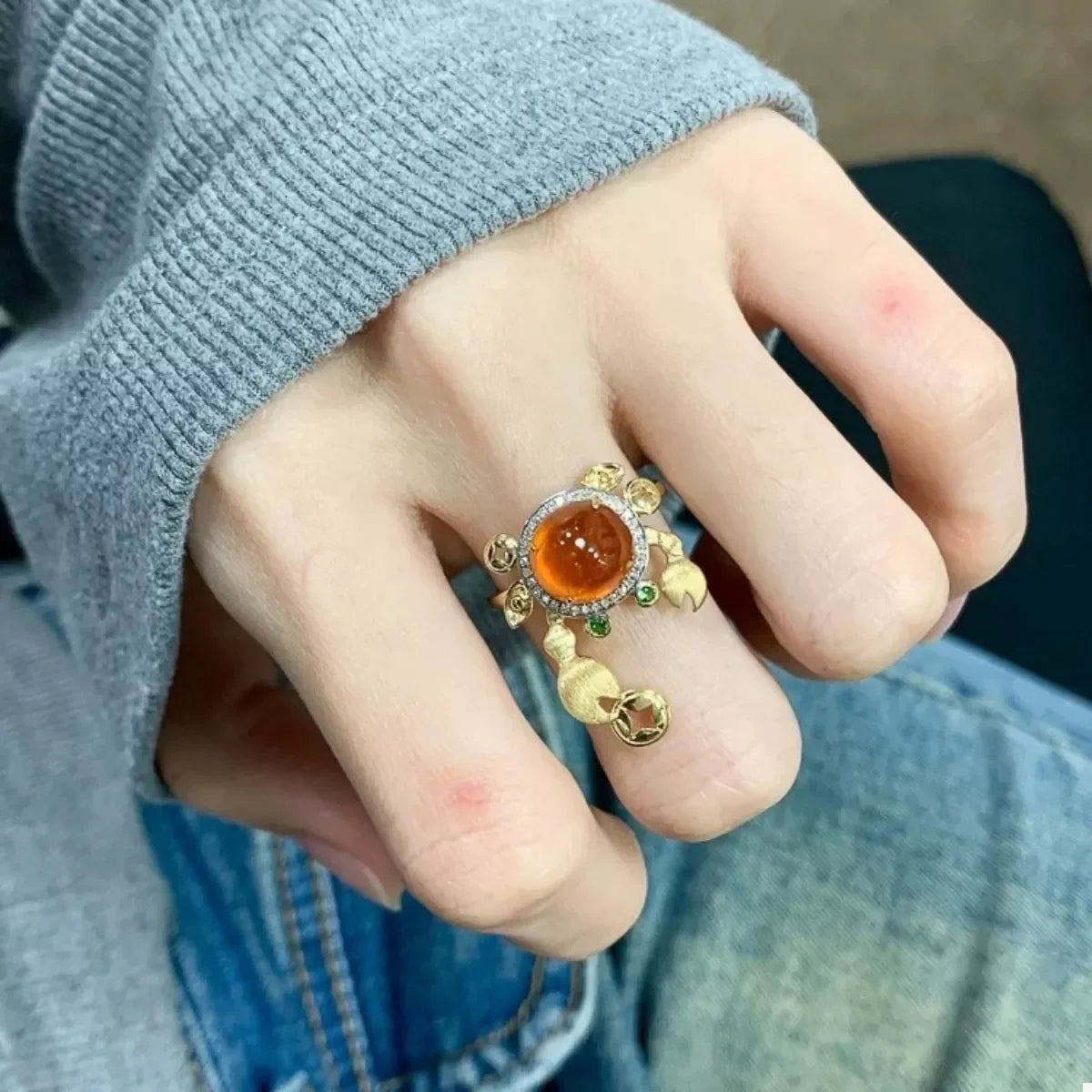 18K Plated Crab Ring With Amber Cabochon And Crystal Accents - Southern Shores Clothing