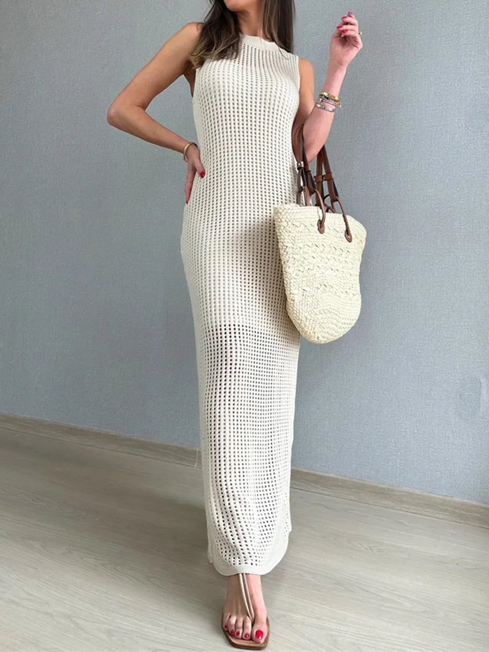 Openwork Slit Round Neck Acrylic Cover-Up - Southern Shores Clothing