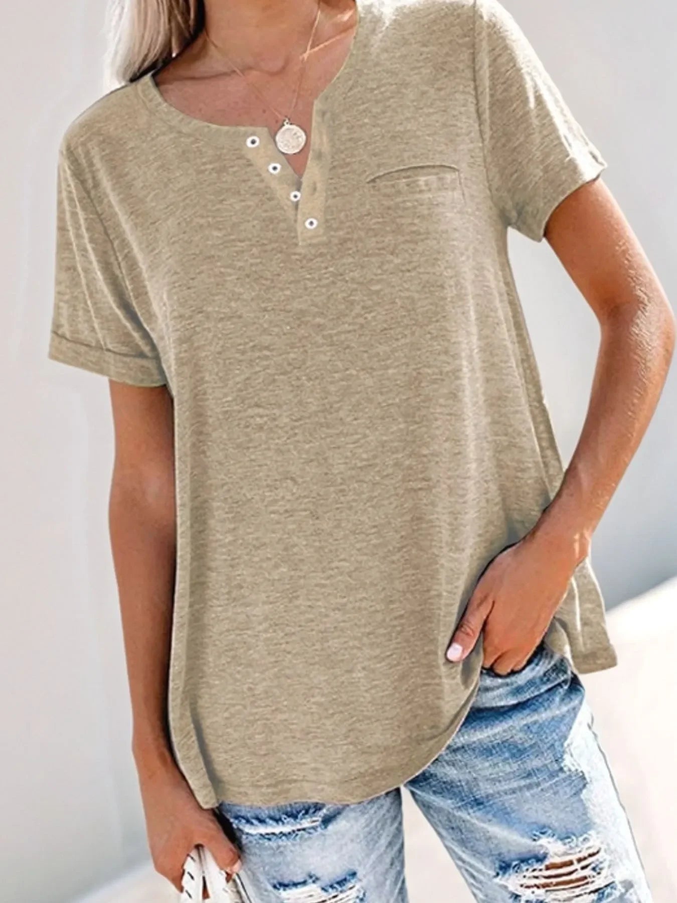 Plus Size Notched Short Sleeve T Shirt With Button Detail - Southern Shores Clothing