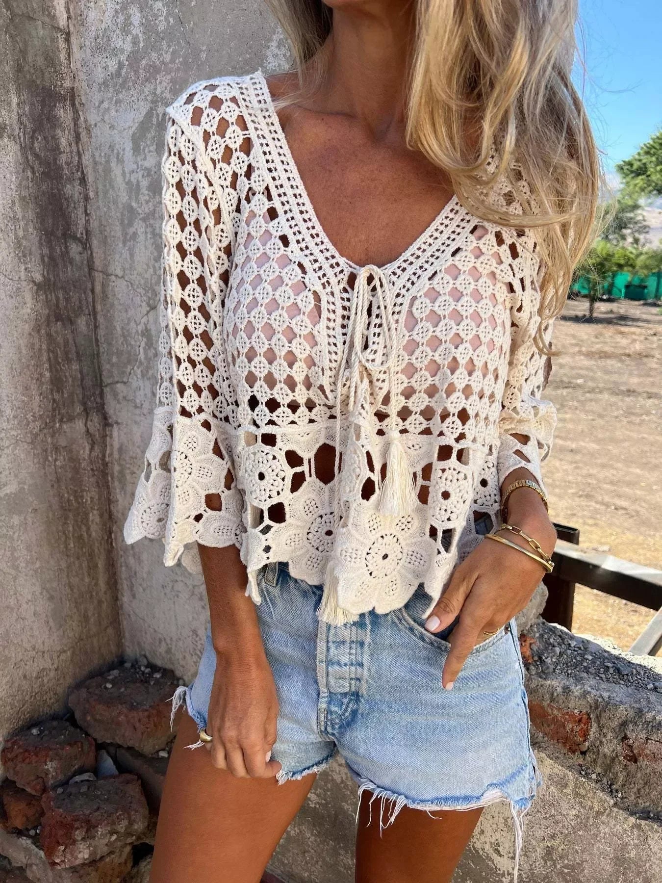 Tassel Crochet Knit Cover Up With Openwork Boho Style Chic - Southern Shores Clothing