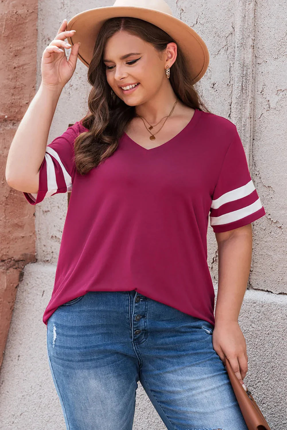 Plus Size Striped V-Neck Short Sleeve T-Shirt - Southern Shores Clothing
