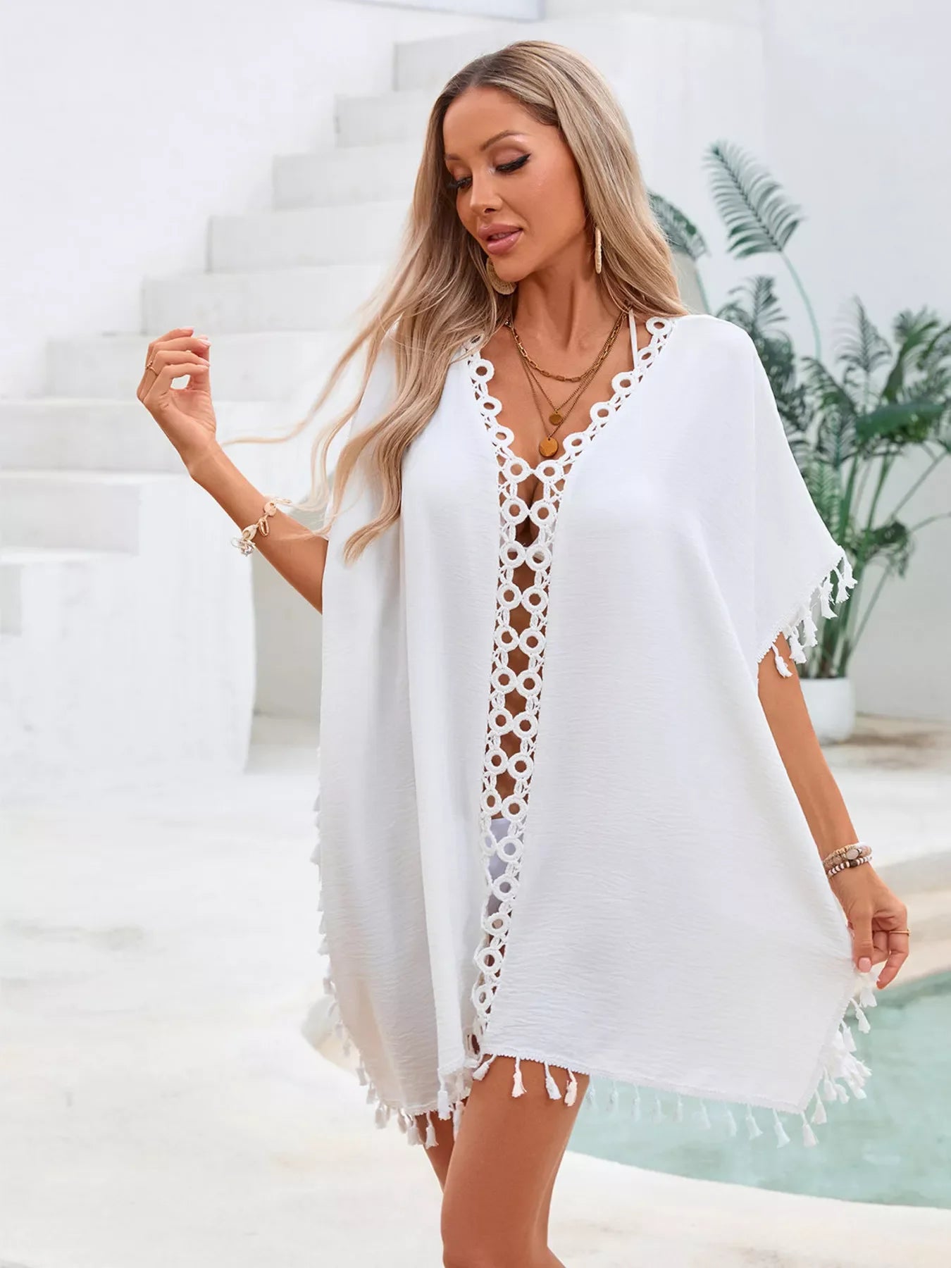 Crochet Trim Tassel Cover Up Dress With Lattice Front Detail - Southern Shores Clothing