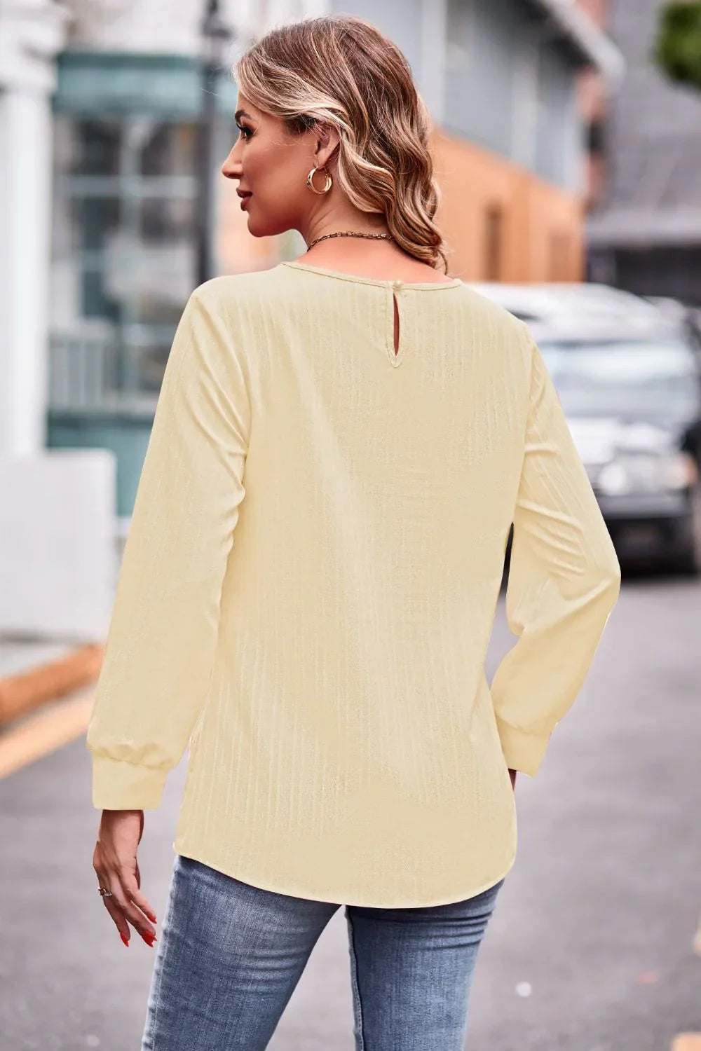 Round Neck Long Sleeve Tee Solid Polyester Top - Southern Shores Clothing