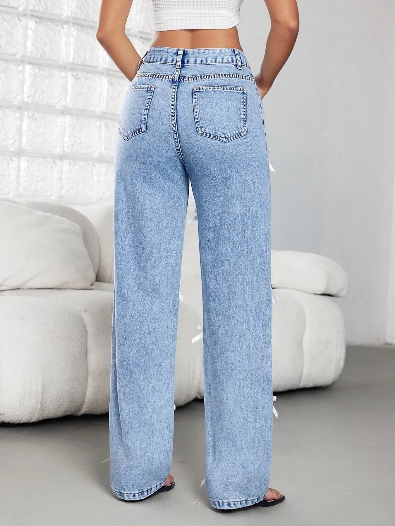 High Waist Wide Leg Denim Jeans With Coastal Bow Decor - Southern Shores Clothing