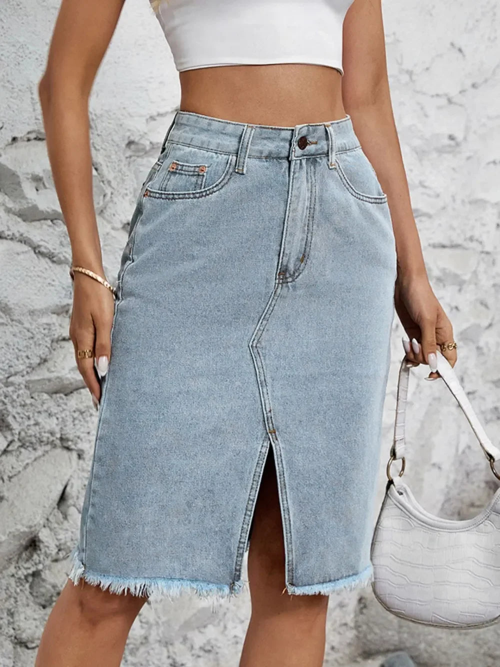 Stretchy Denim Slit Skirt With Raw Hem Detailing - Southern Shores Clothing