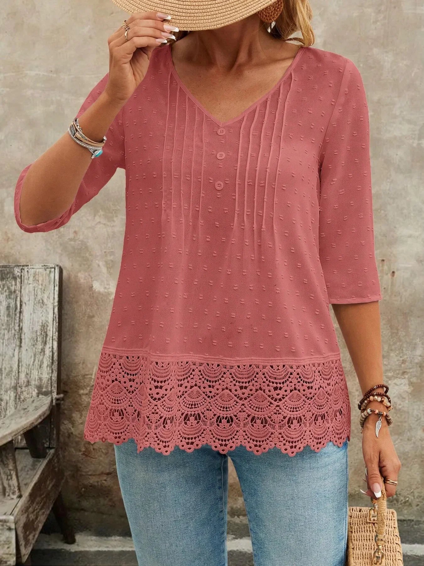 V-Neck Lace Hem Blouse With Decorative Button - Southern Shores Clothing