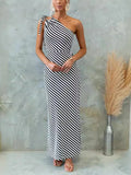 One Shoulder Striped Maxi Dress For Everyday Wear - Southern Shores Clothing