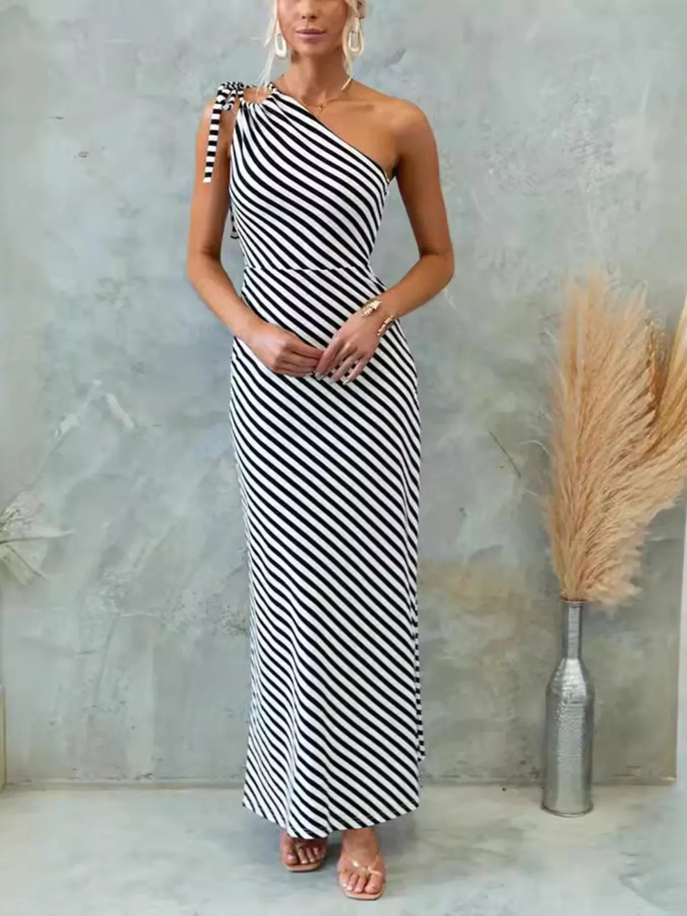 One Shoulder Striped Maxi Dress For Everyday Wear - Southern Shores Clothing
