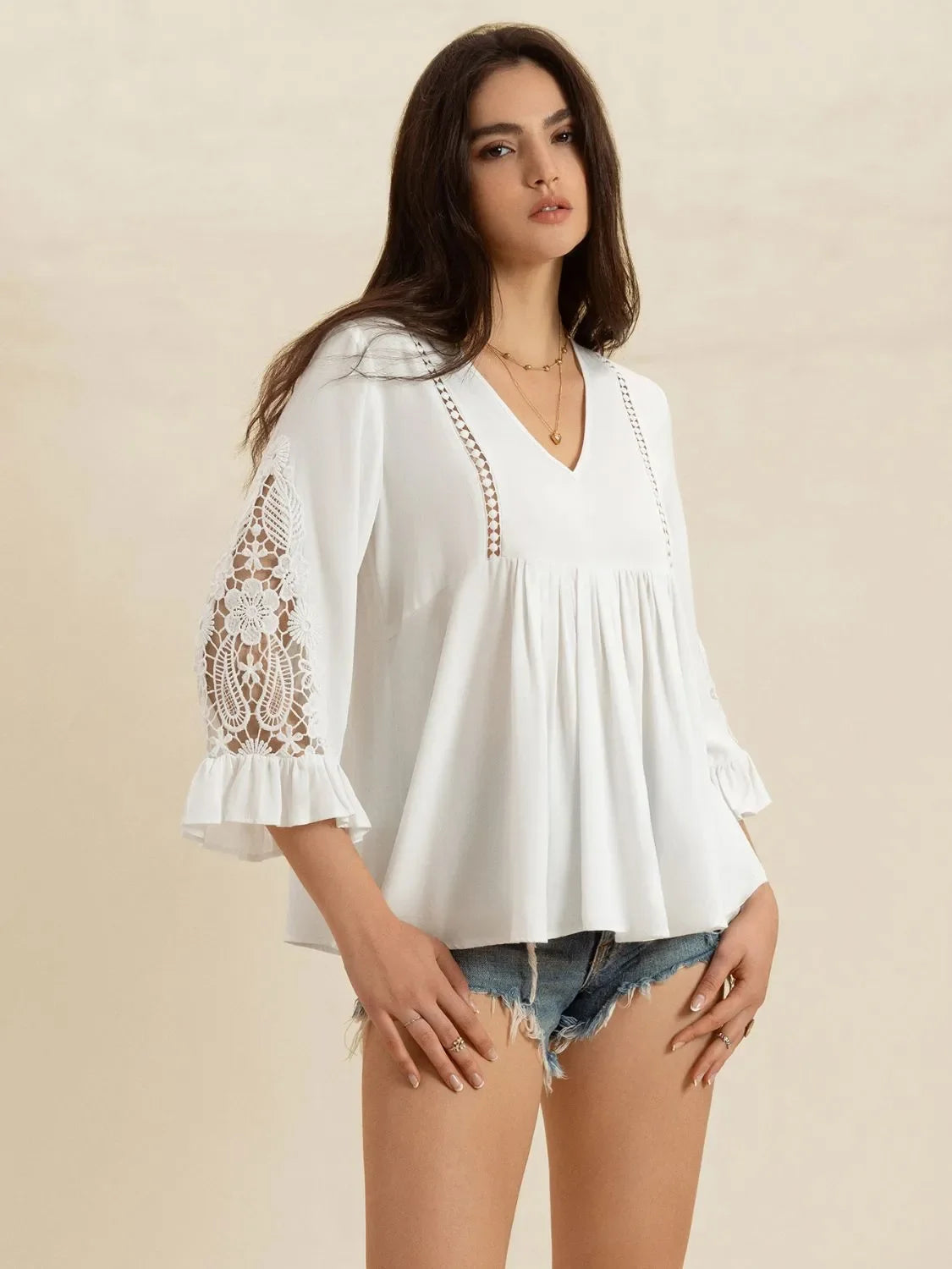 V-Neck Lace Flounce Sleeve Top With Cutout Details And Lace Trim - Southern Shores Clothing
