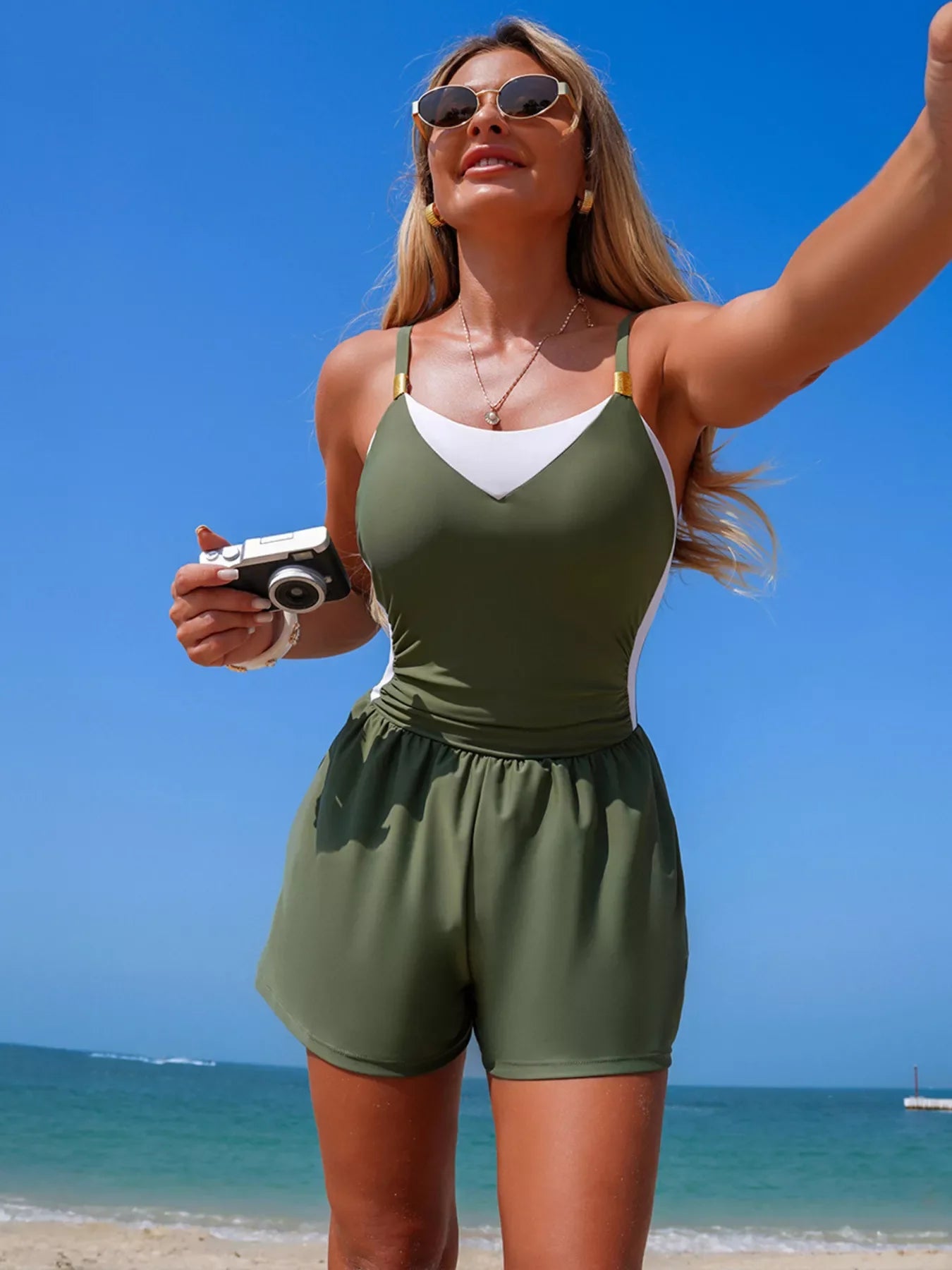 Block Pattern Adjustable Strap One Piece Swimsuit For Summer - Southern Shores Clothing