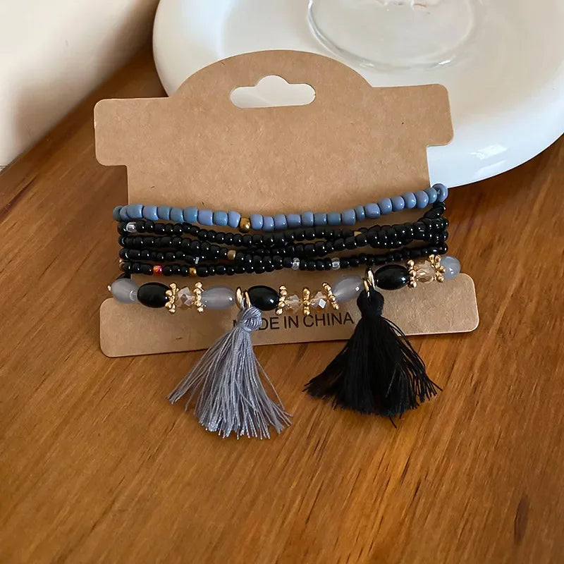Multi Strand Boho Tassel Rice Bead Bracelet With Layered Beads - Southern Shores Clothing