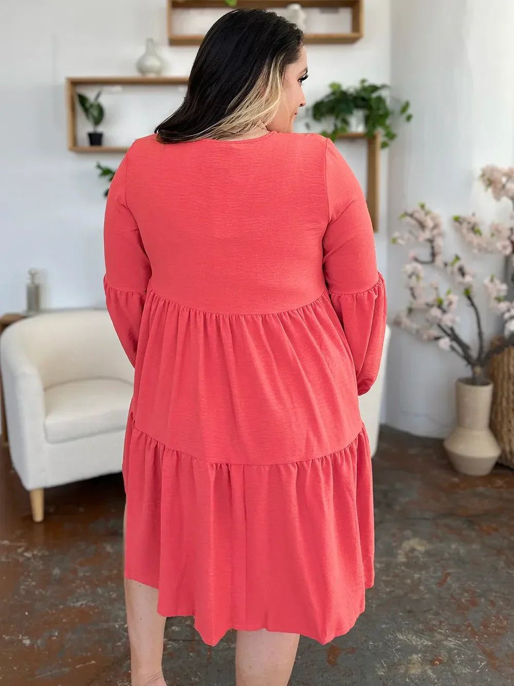 V Neck Balloon Sleeve Tiered Dress With Pockets - Southern Shores Clothing