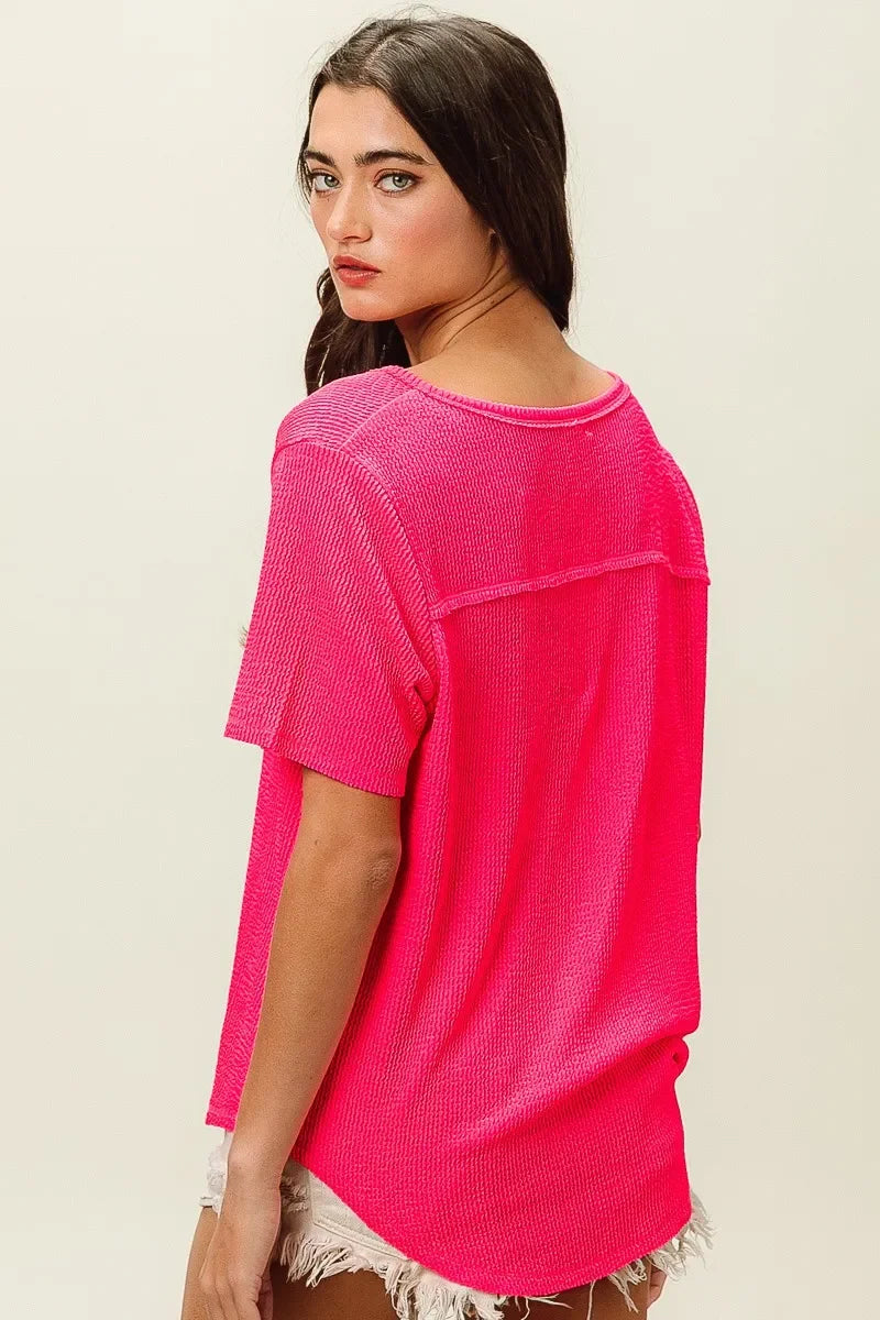 Waved Rib V Neck Top With Front Pocket Relaxed Fit - Southern Shores Clothing
