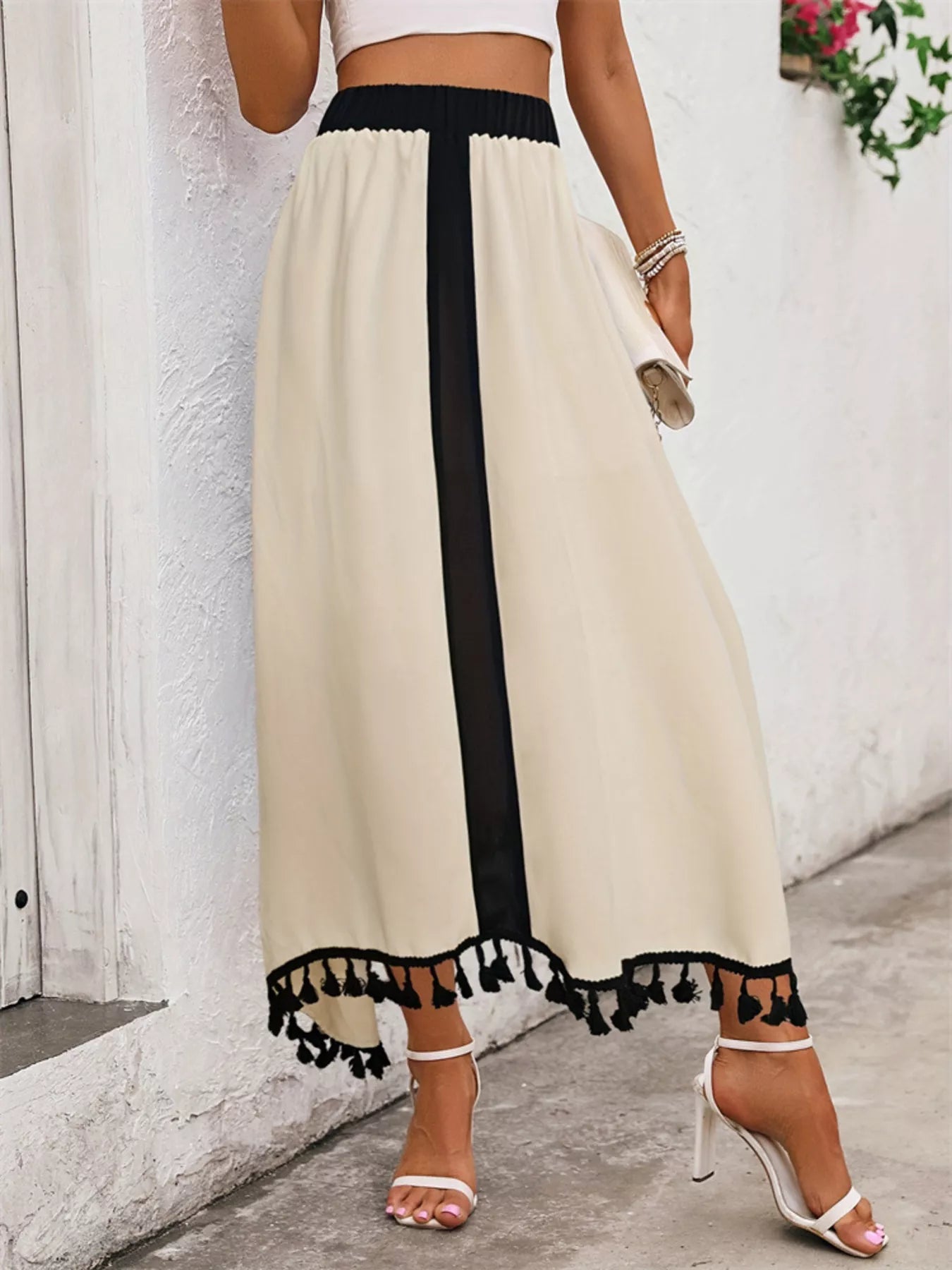 Coastal Style Tassel Trim High Waist Skirt for Women