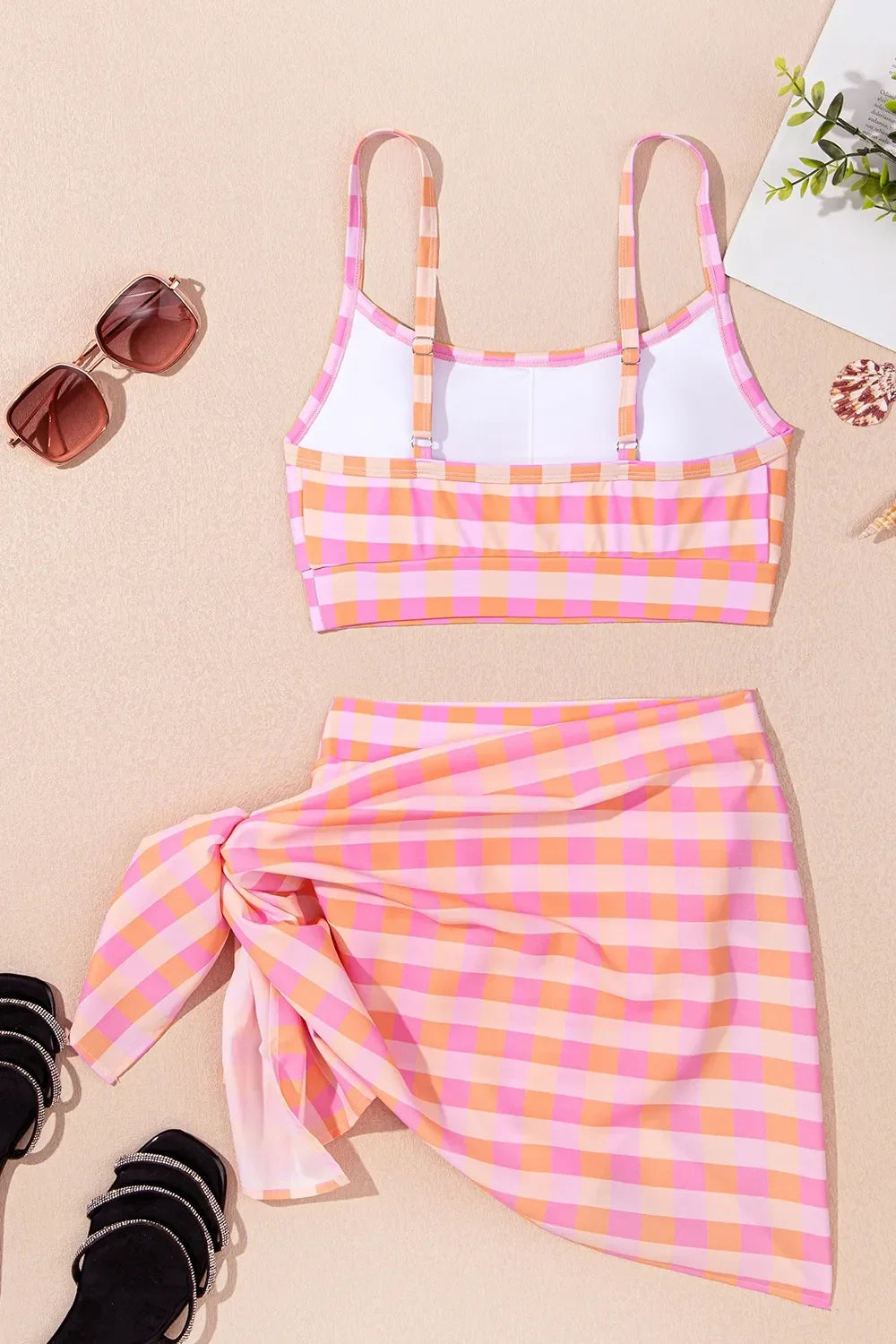 Plaid Print High Waist Bikini Set With Removable Pads Three Piece - Southern Shores Clothing