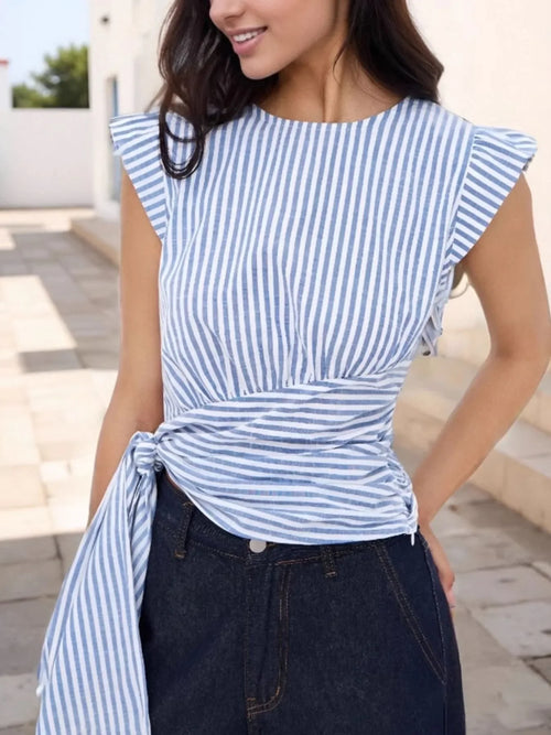Striped Tied Cap Sleeve Polyester Blouse - Southern Shores Clothing