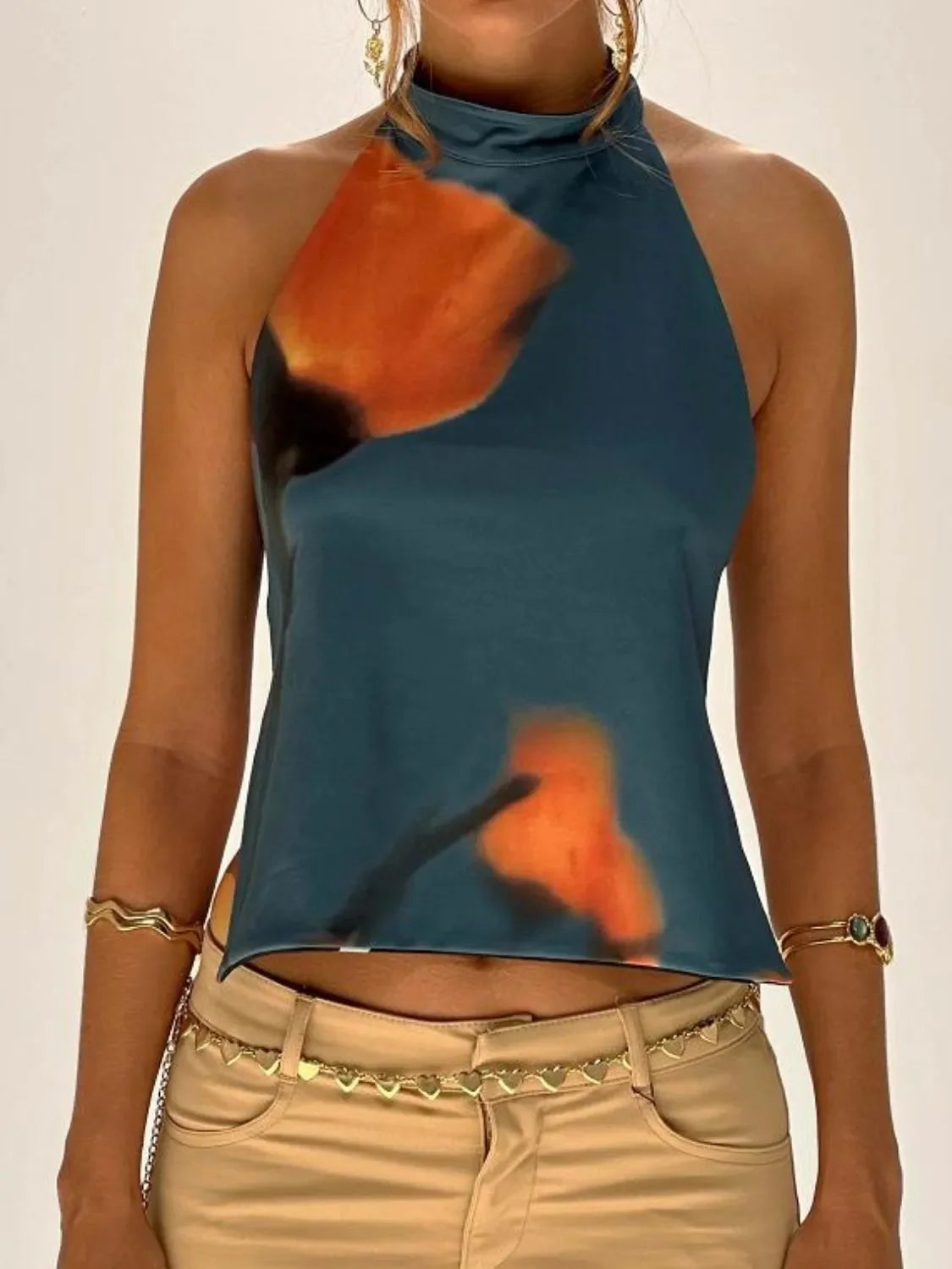 Backless Printed Halter Neck Tank Top With Slight Stretch - Southern Shores Clothing