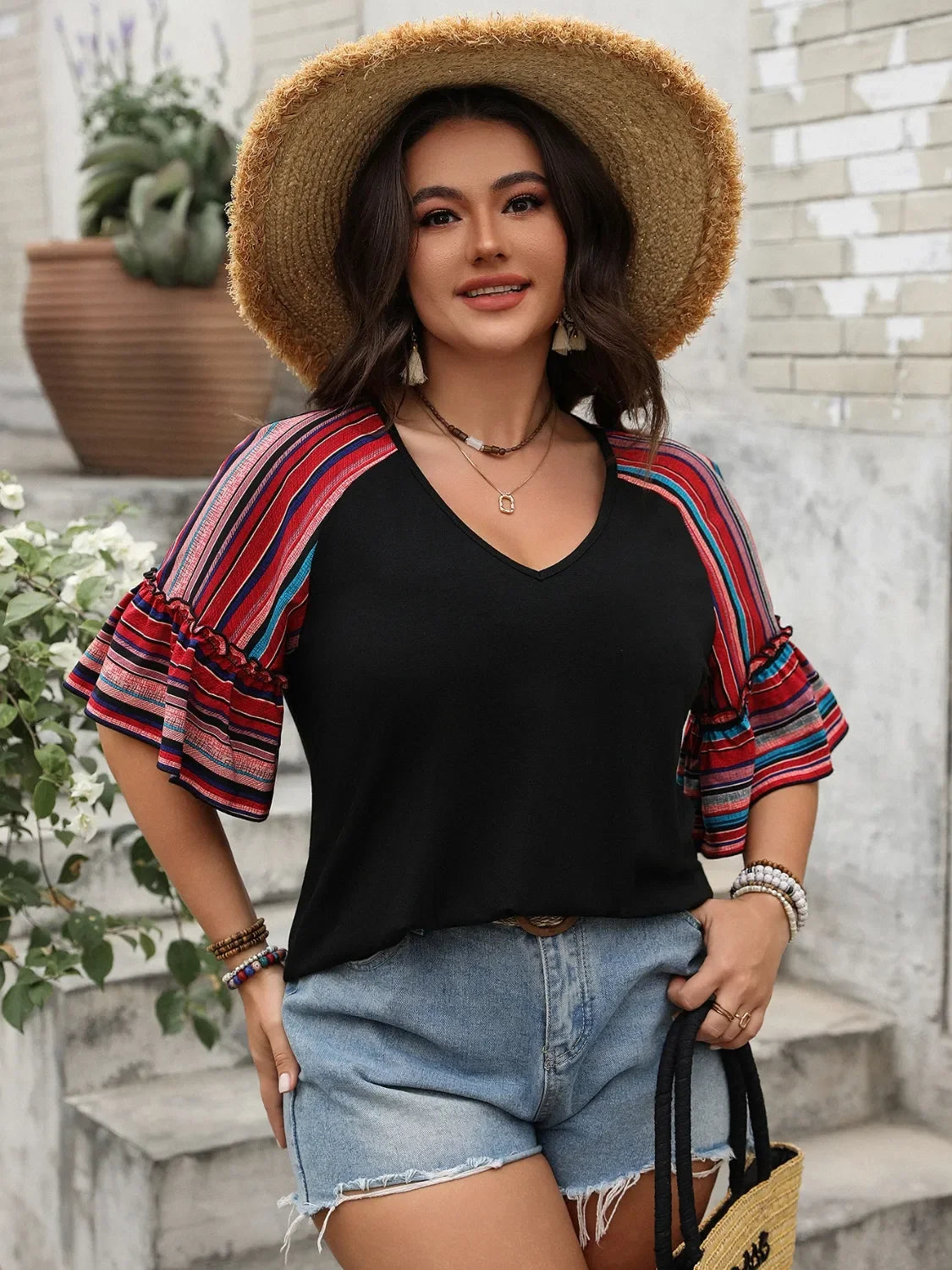 V-Neck Flounce Sleeve Top With Frill Detailing Casual Style - Southern Shores Clothing
