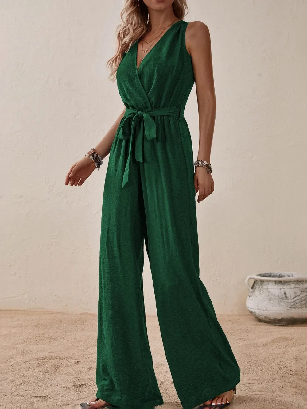 Tied Surplice Sleeveless Wide Leg Jumpsuit - Southern Shores Clothing