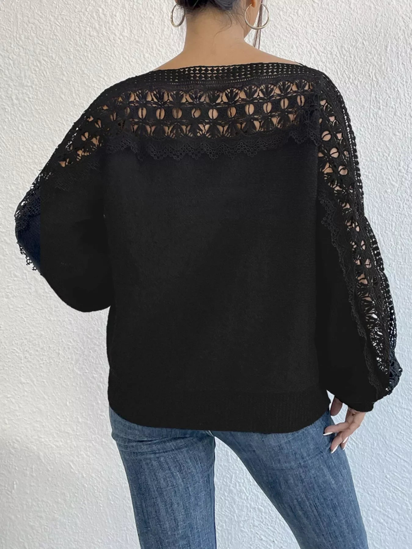 Crochet Lace Yoke Long Sleeve Knit Slim Fit Casual Sweater - Southern Shores Clothing