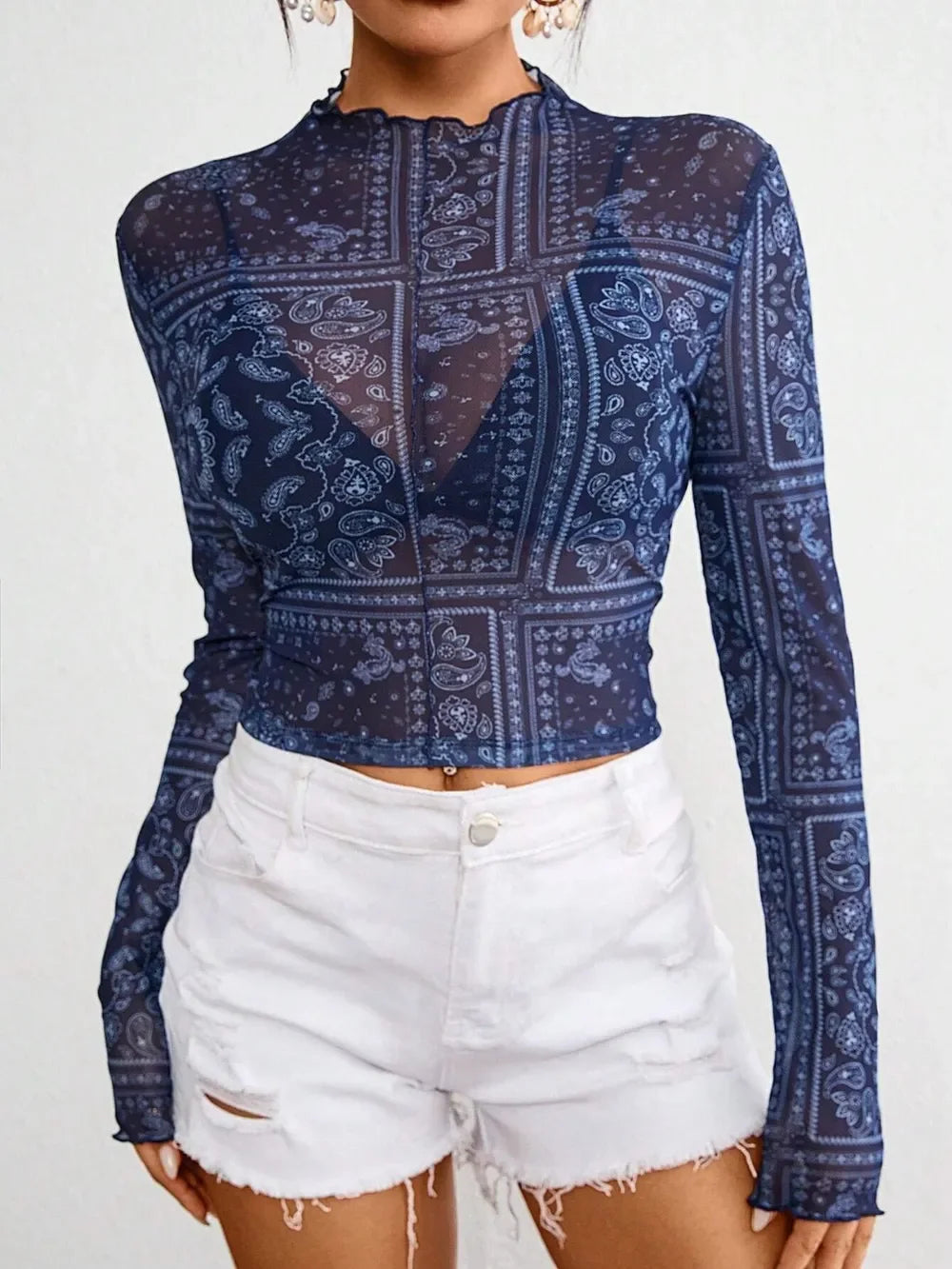 Paisley Mock Neck Long Sleeve Sheer Top With Stretch Fit - Southern Shores Clothing