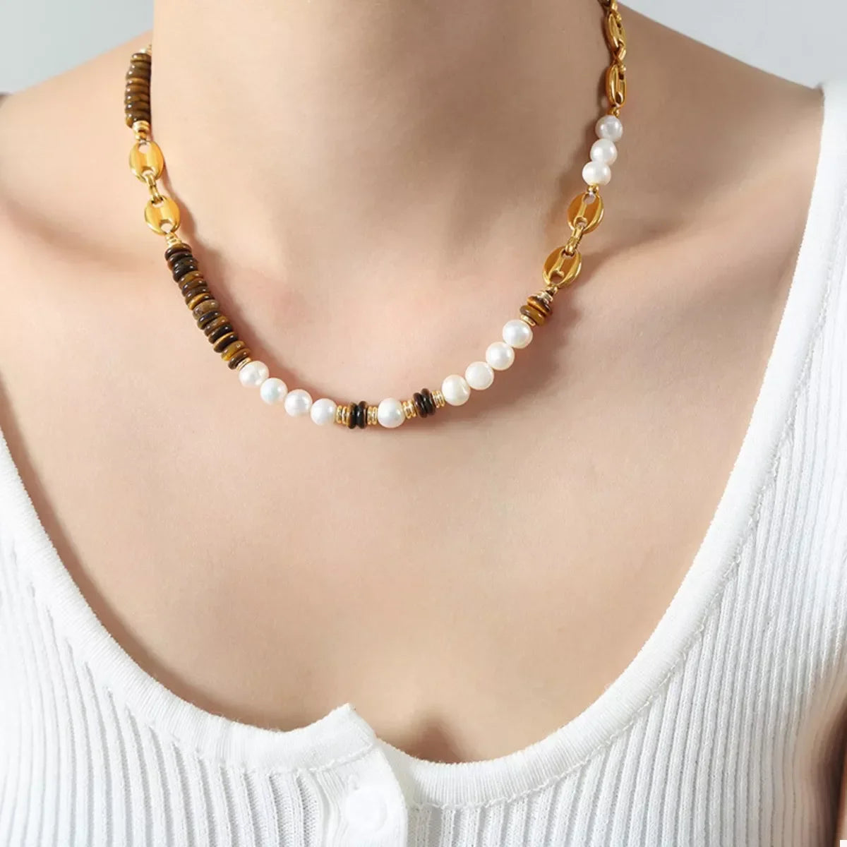 Tiger's Eye Freshwater Pearl Necklace, 18K Gold-Plated - Southern Shores Clothing