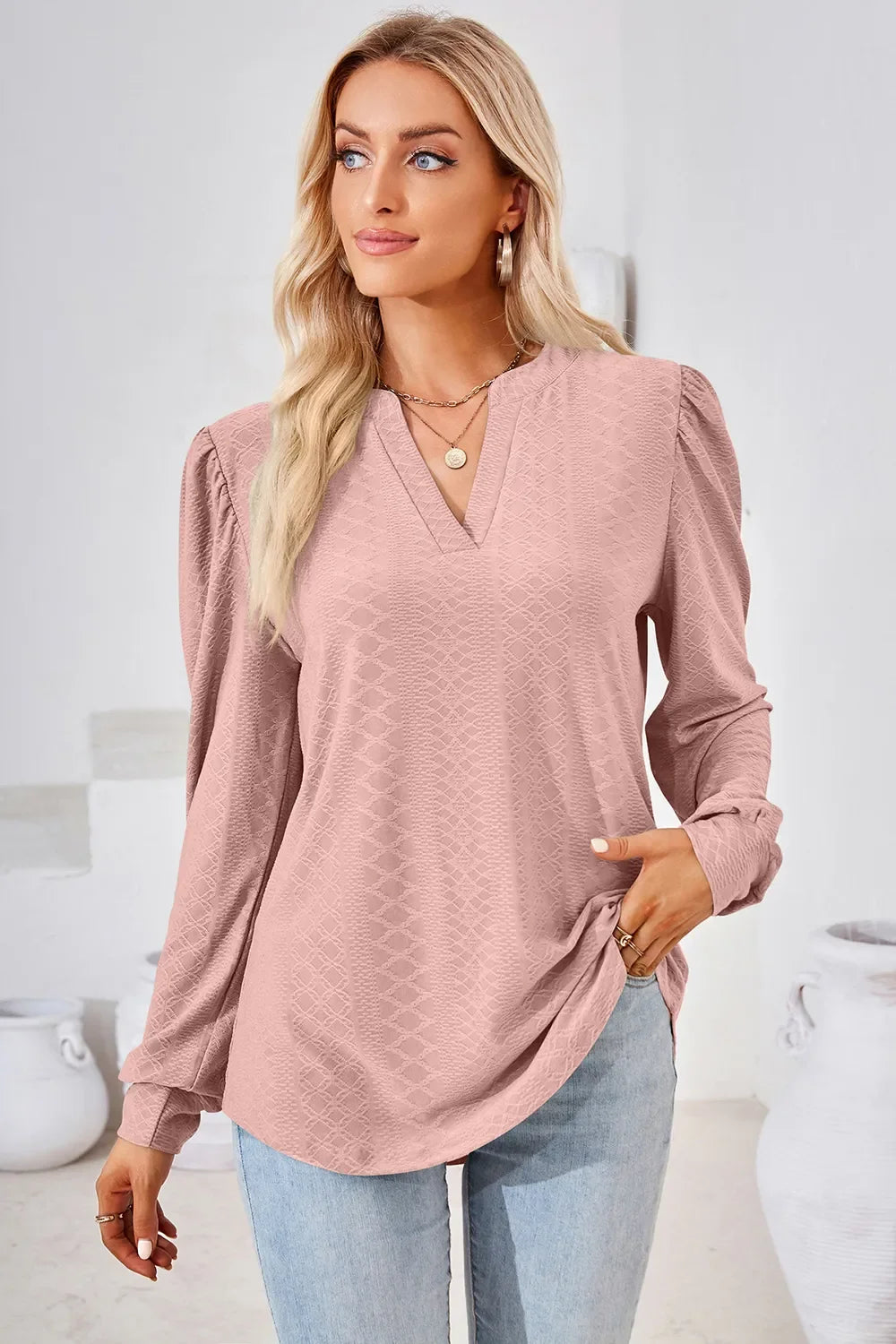 Notched Long Sleeve Top With Slightly Stretchy Fit - Southern Shores Clothing