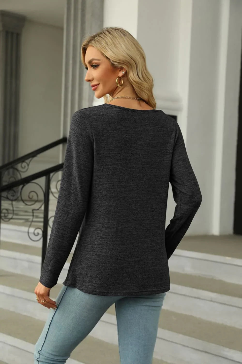 Square Neck Long Sleeve Slit Stretchy T Shirt - Southern Shores Clothing