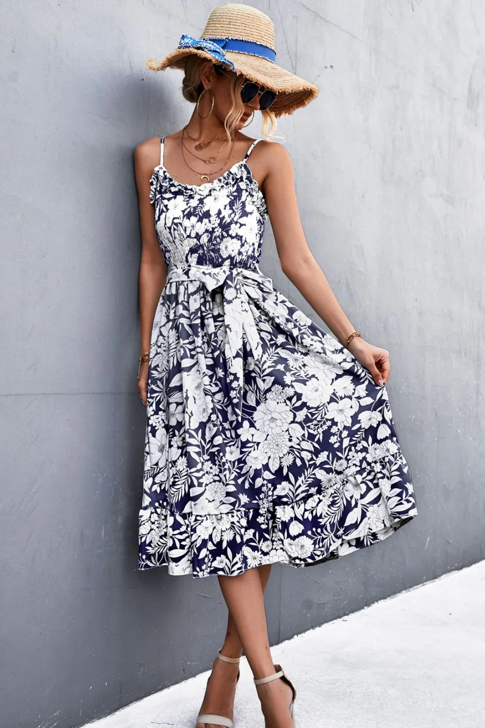 Floral Frill Trim Scoop Neck Spaghetti Strap Dress - Southern Shores Clothing