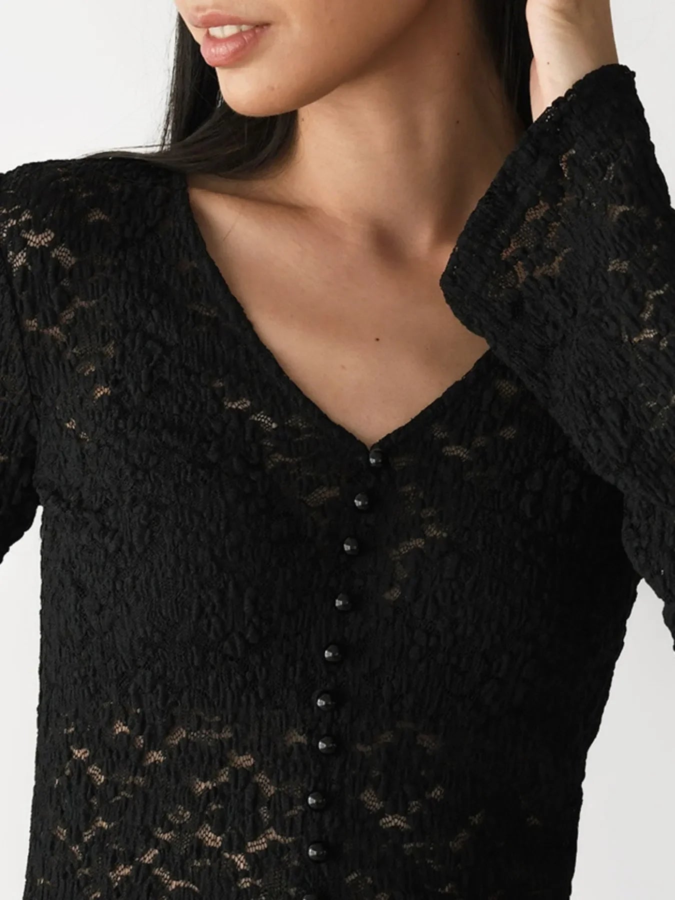 Lace V-Neck Flare Sleeve Buttoned Slit T Shirt - Southern Shores Clothing