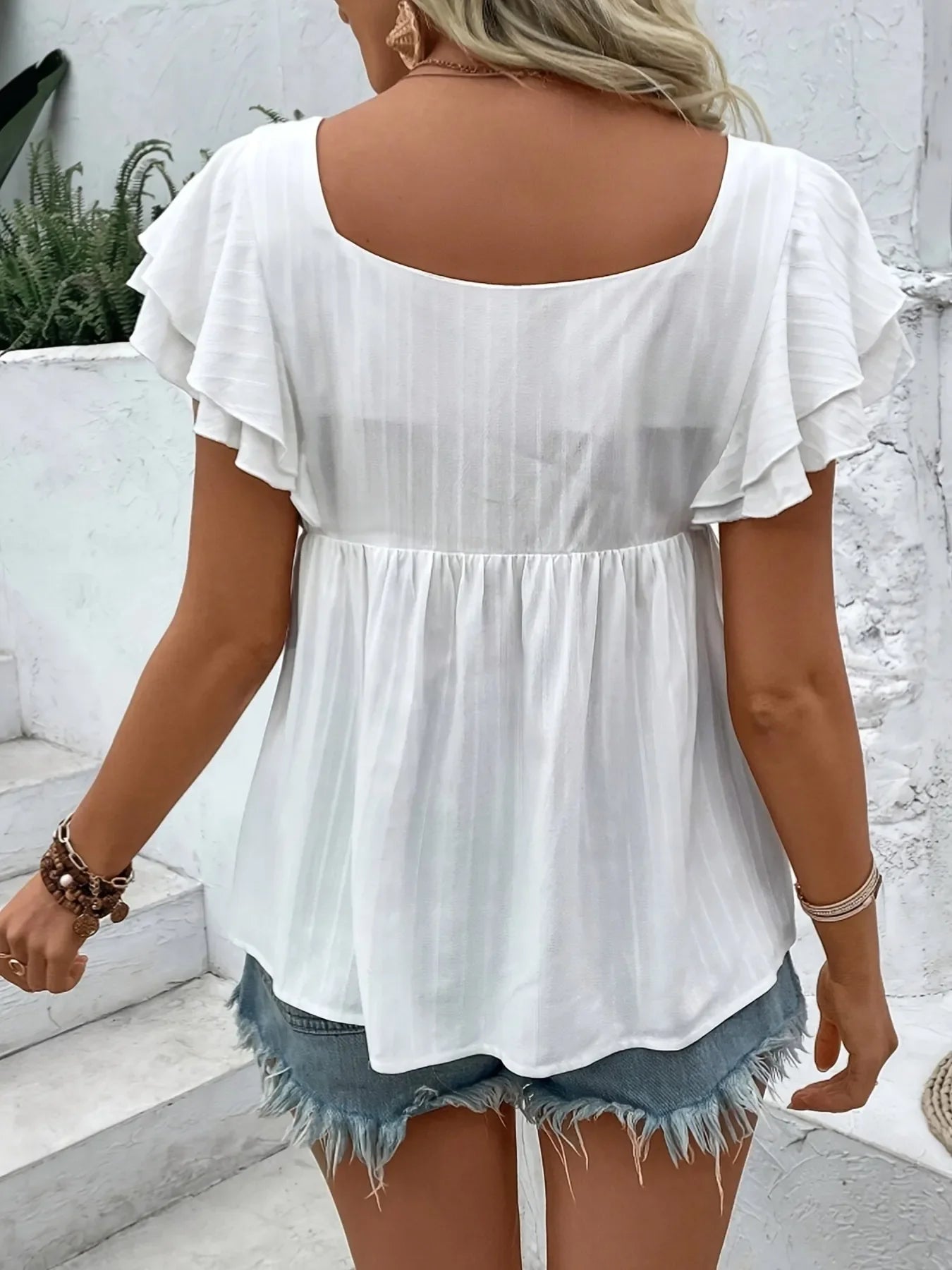 Embroidered Flutter Sleeve Babydoll Blouse - Southern Shores Clothing