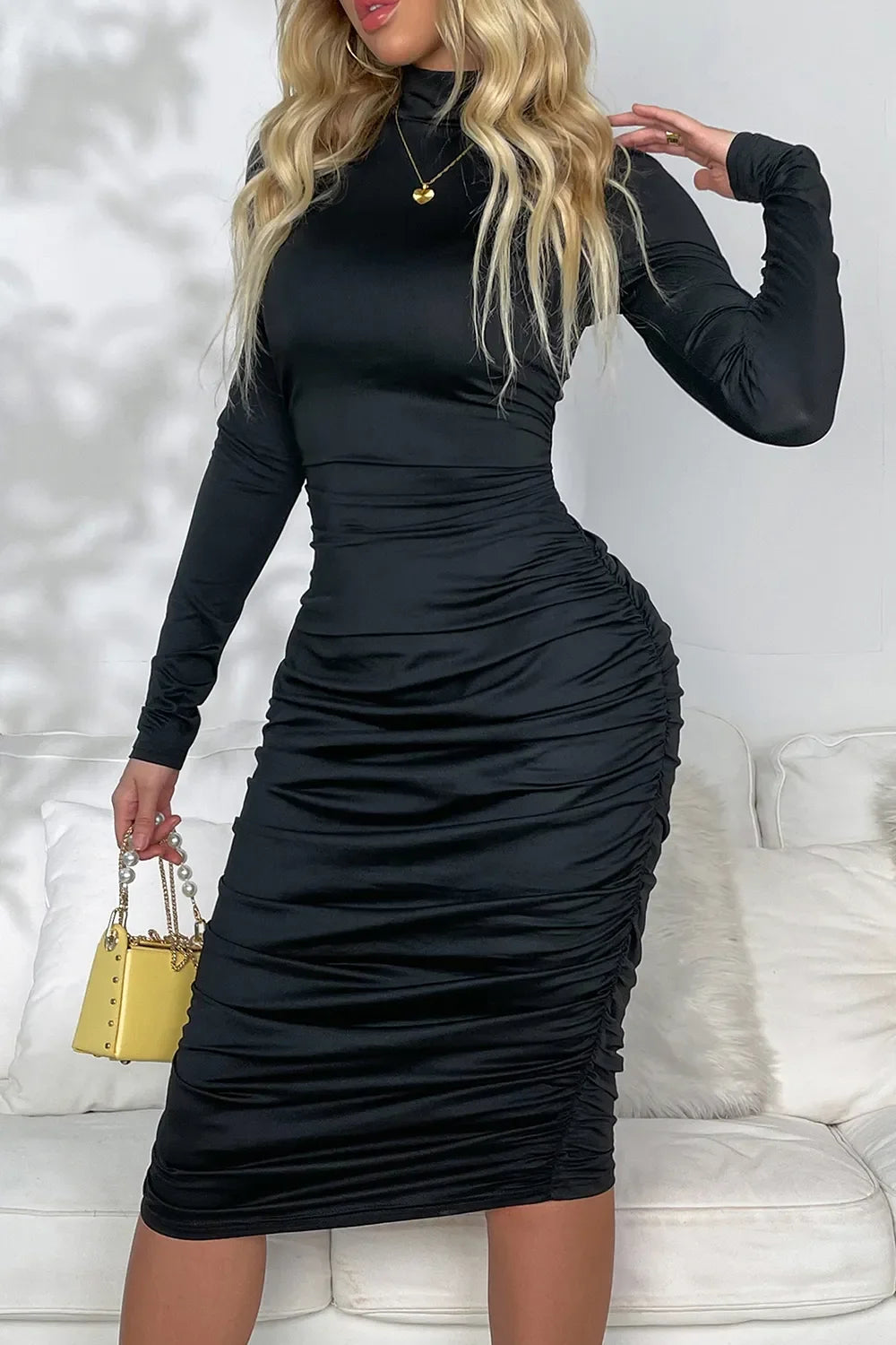 Ruched Mock Neck Long Sleeve Formal Dress - Southern Shores Clothing