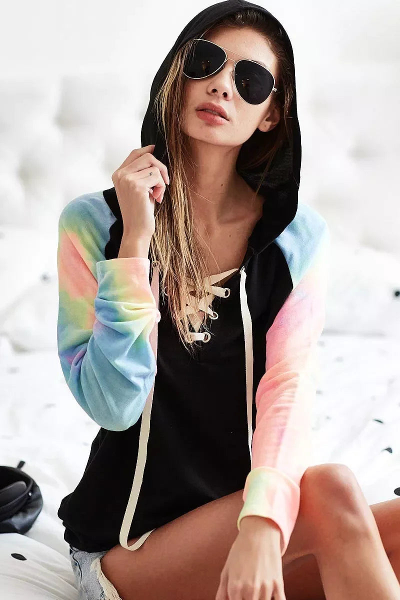 Lace Up Hoodie With Tie Dye Sleeves Relaxed Fit - Southern Shores Clothing