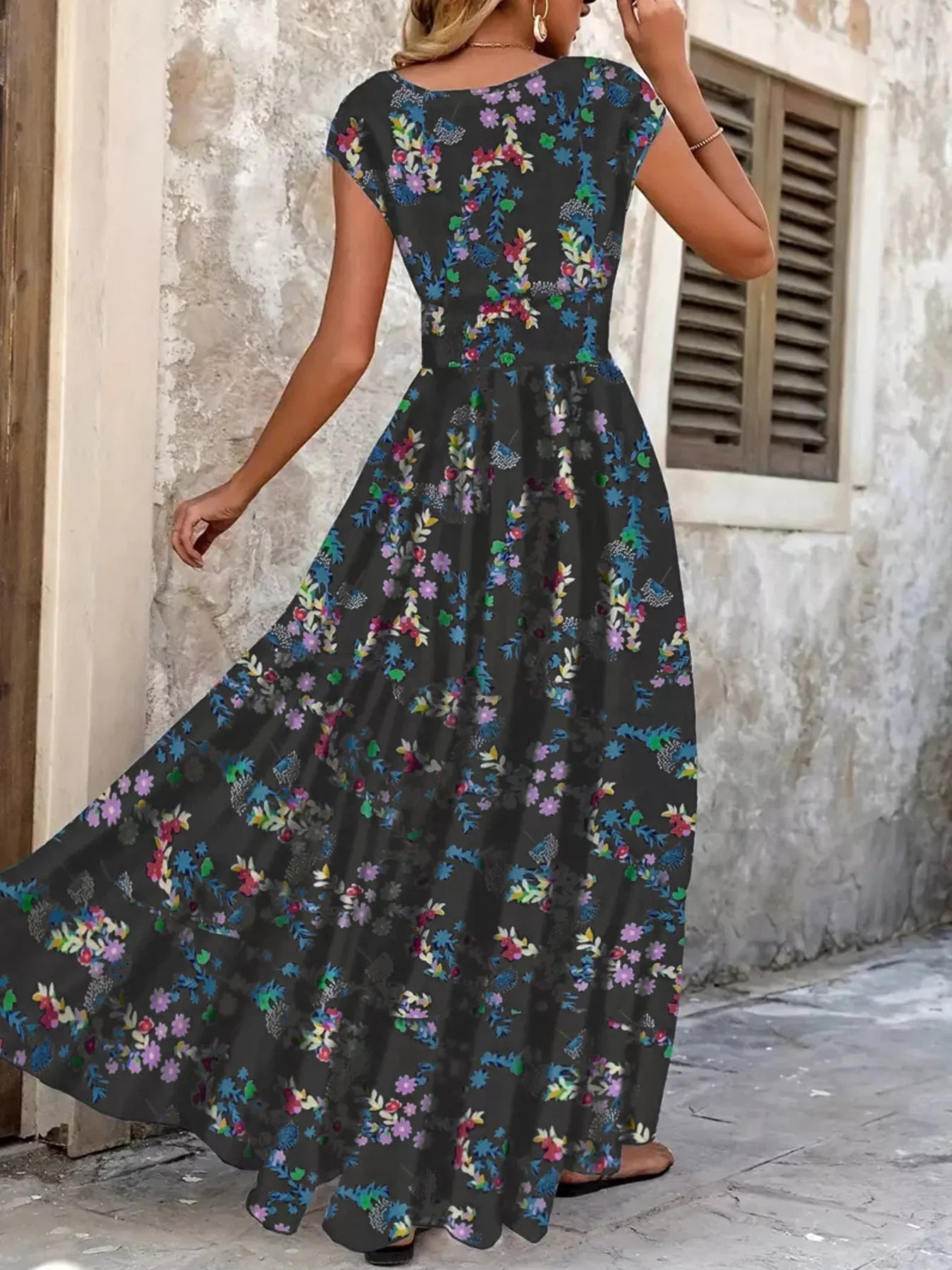 Printed V-Neck Cap Sleeve Maxi Dress Casual - Southern Shores Clothing