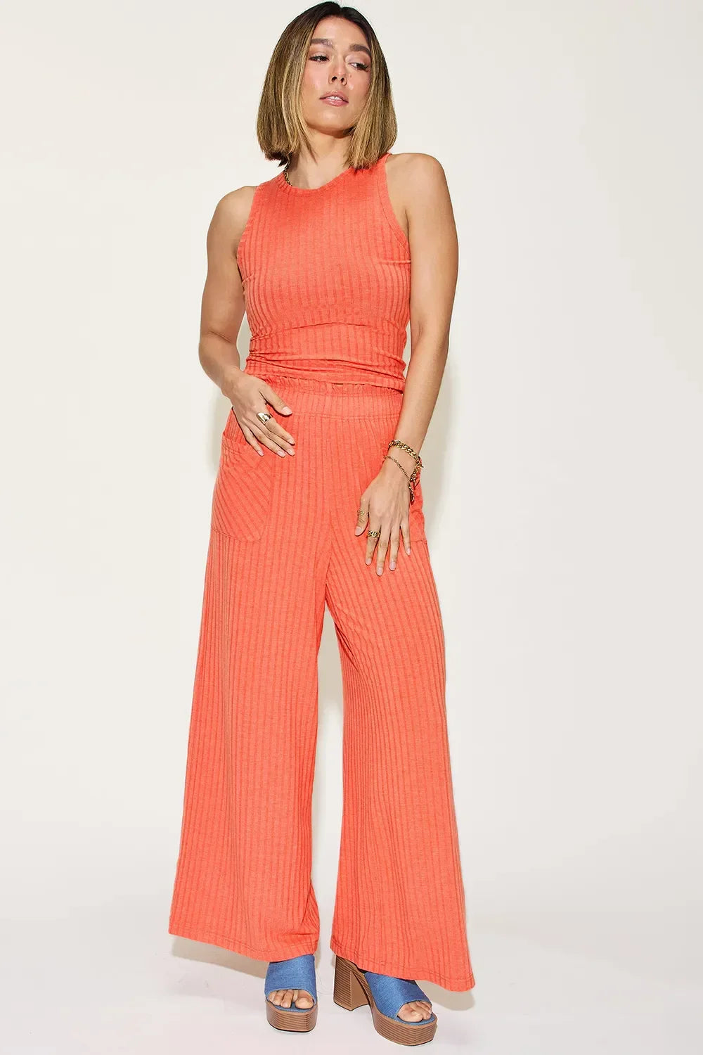 Two Piece Ribbed Tank and Wide Leg Pants Set - Southern Shores Clothing