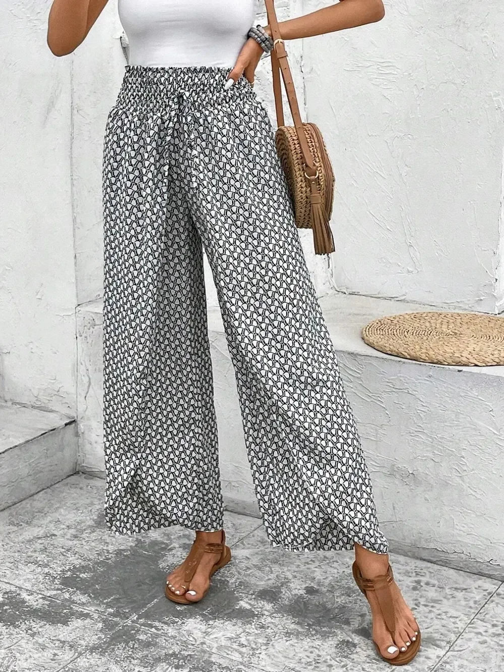 Floral Print Tie-Waist Wide Leg Pants With Front Slit Detail - Southern Shores Clothing