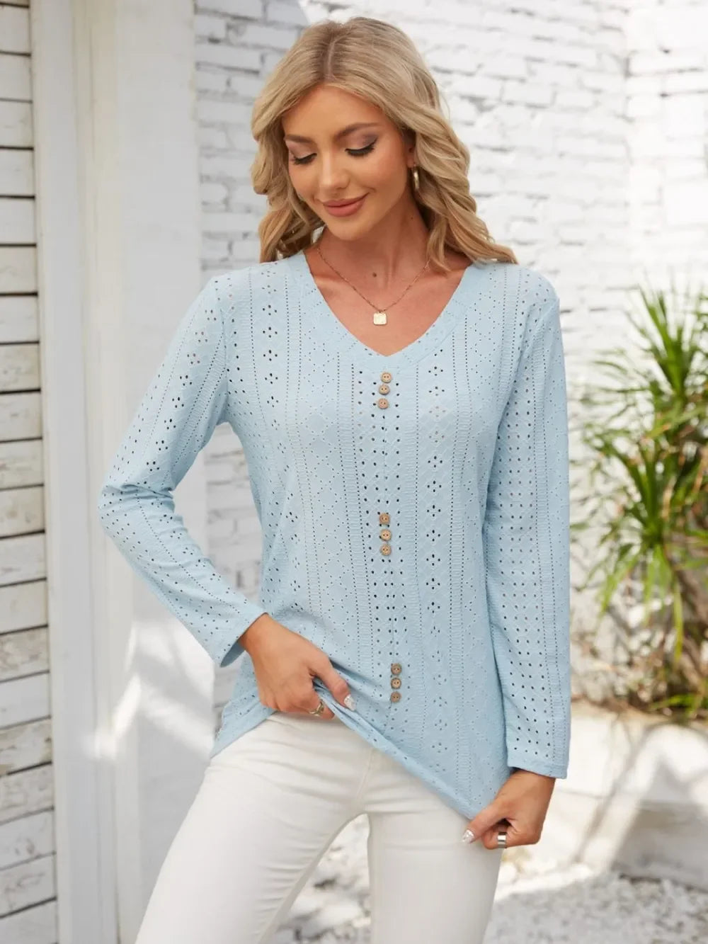 V Neck Openwork T Shirt With Decorative Buttons - Southern Shores Clothing