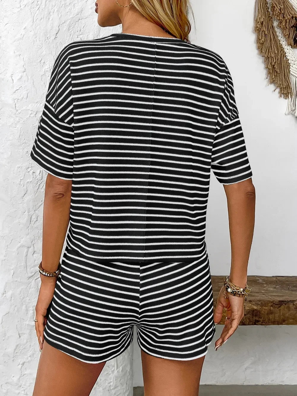 Striped Round Neck Short Sleeve Top and Shorts Set - Southern Shores Clothing
