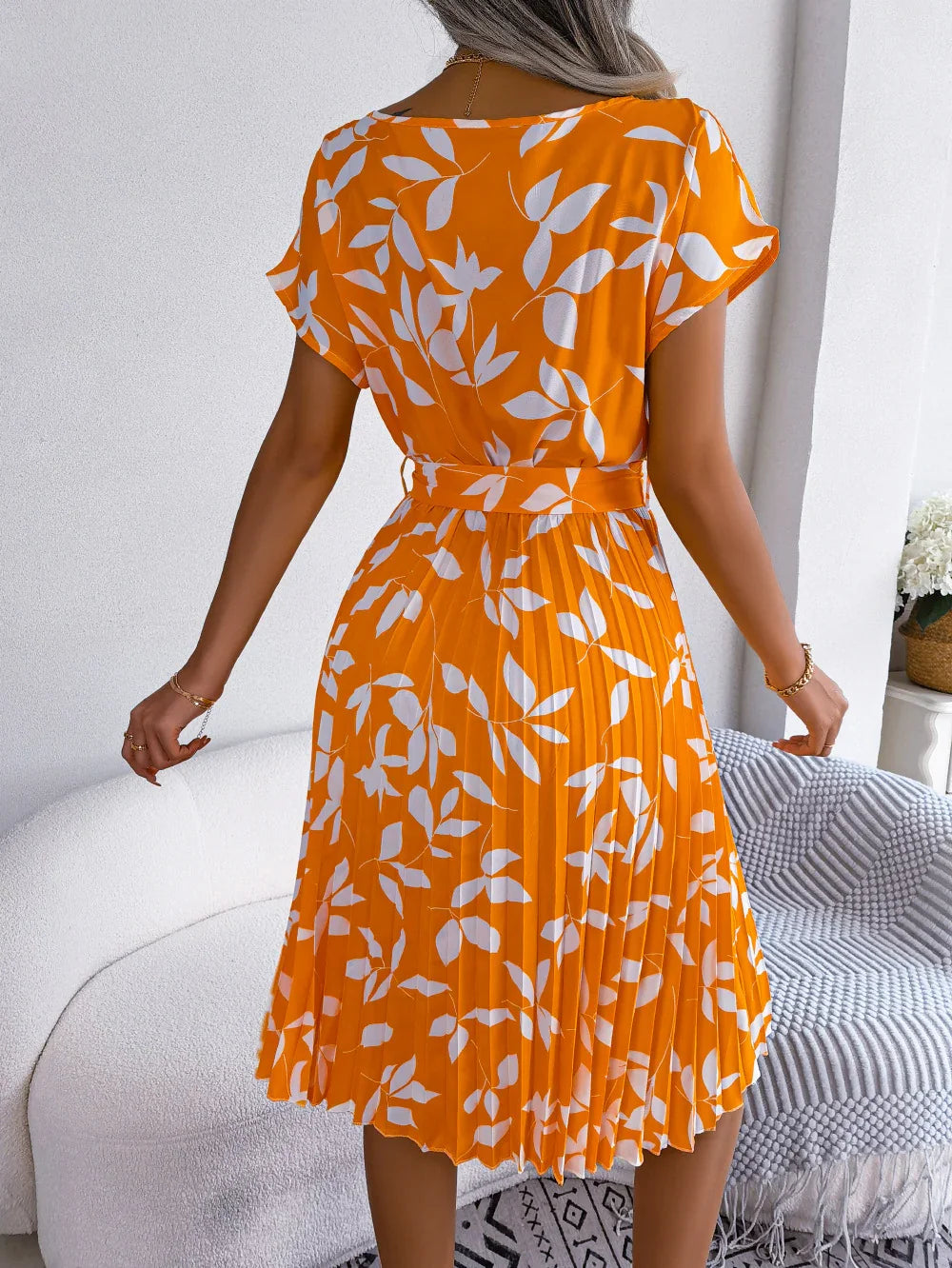 Printed Round Neck Short Sleeve Pleated Dress - Southern Shores Clothing