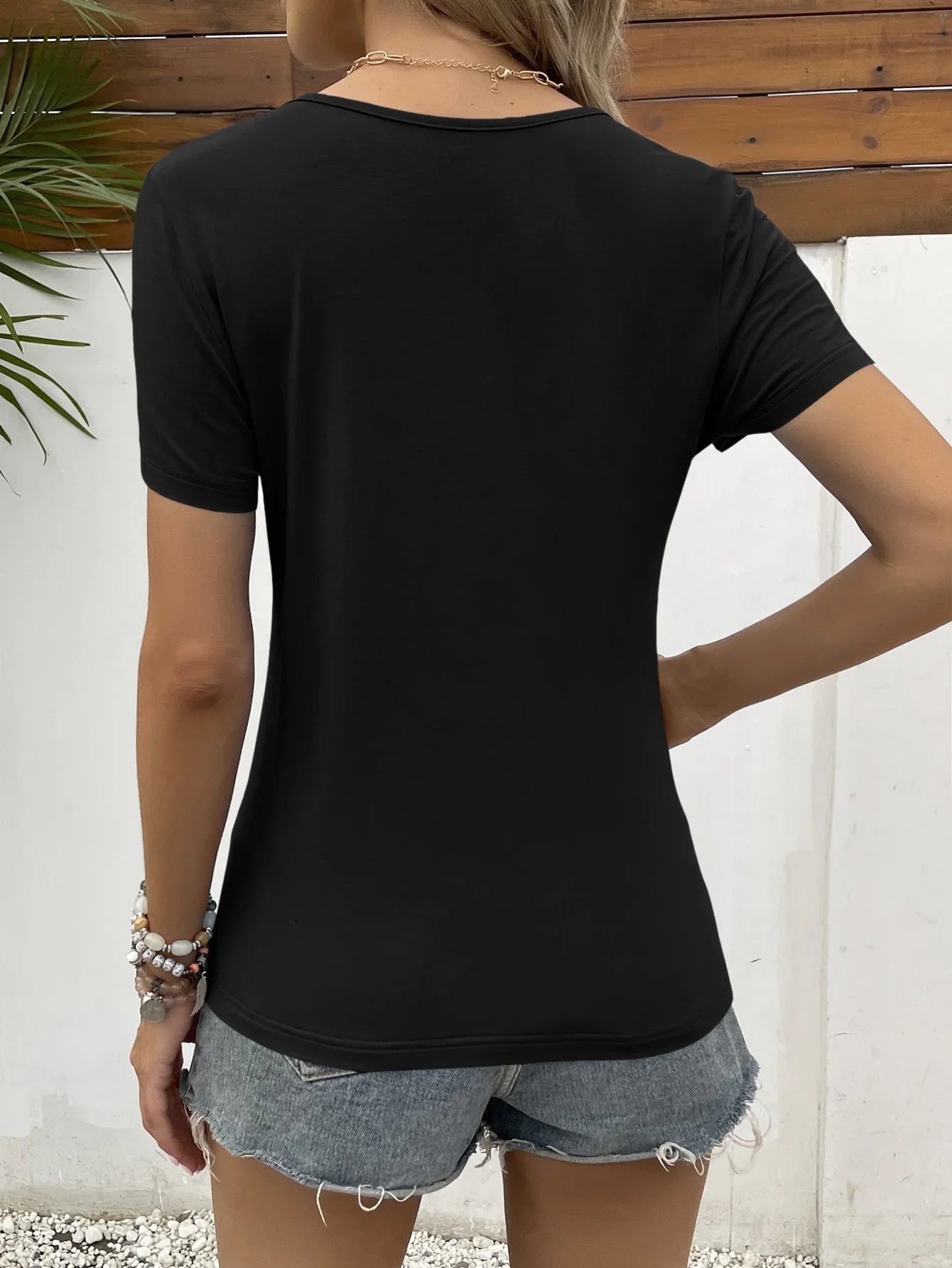 Casual Printed Lace Trim V Neck Short Sleeve Blouse - Southern Shores Clothing