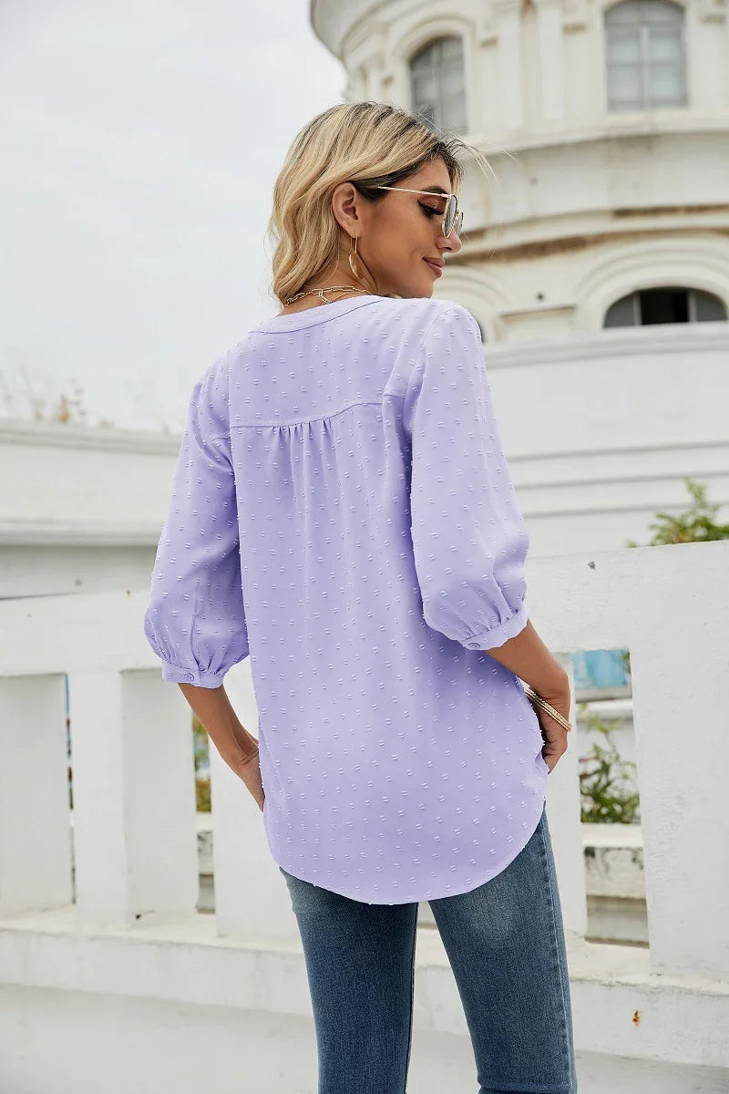 Swiss Dot Notched Neck Three-Quarter Sleeve Blouse - Southern Shores Clothing