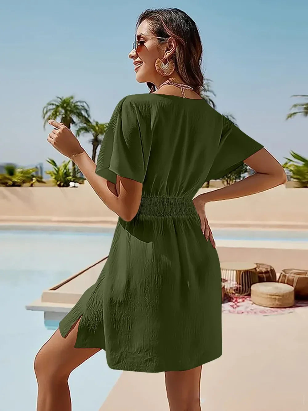 Smocked V-Neck Short Sleeve Dress Lightweight Coastal - Southern Shores Clothing