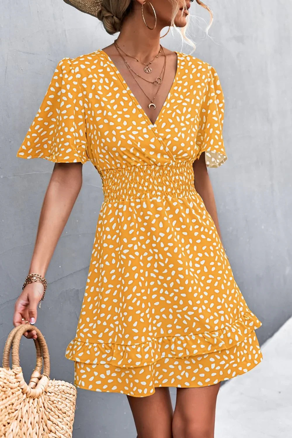 Printed Smocked Waist Layered Surplice Dress - Southern Shores Clothing