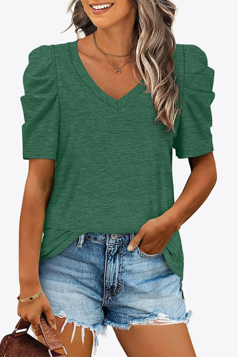 V-Neck Puff Sleeve Tee With Stretchy Fabric - Southern Shores Clothing